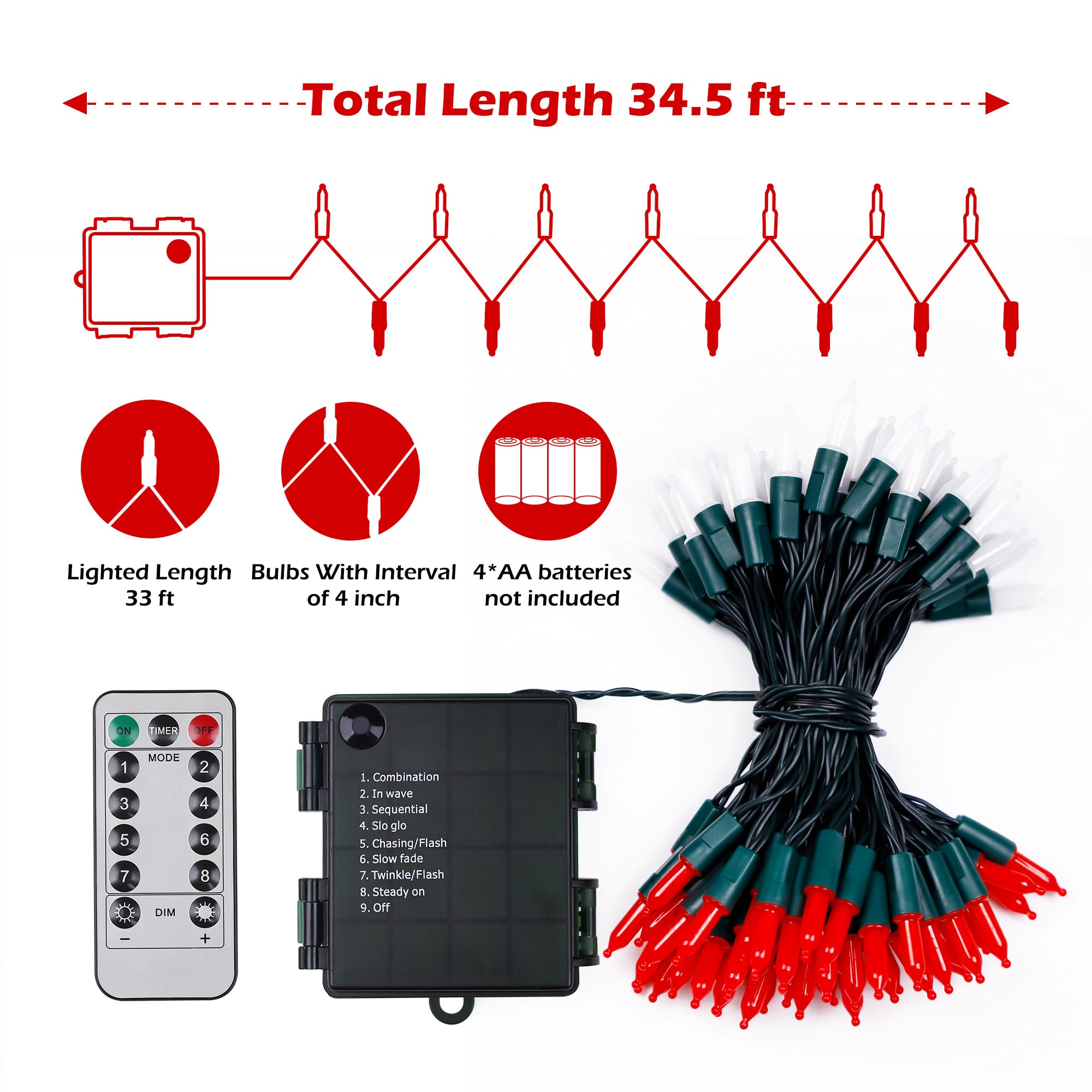 Recesky 100 Led Christmas String Lights With Remote - 33Ft Mini Bulb Battery String Lights - Fairy Lighting Decor For Backyard Eave Holiday Ornament Decor Xmas Christmas Party Decorations - Red White