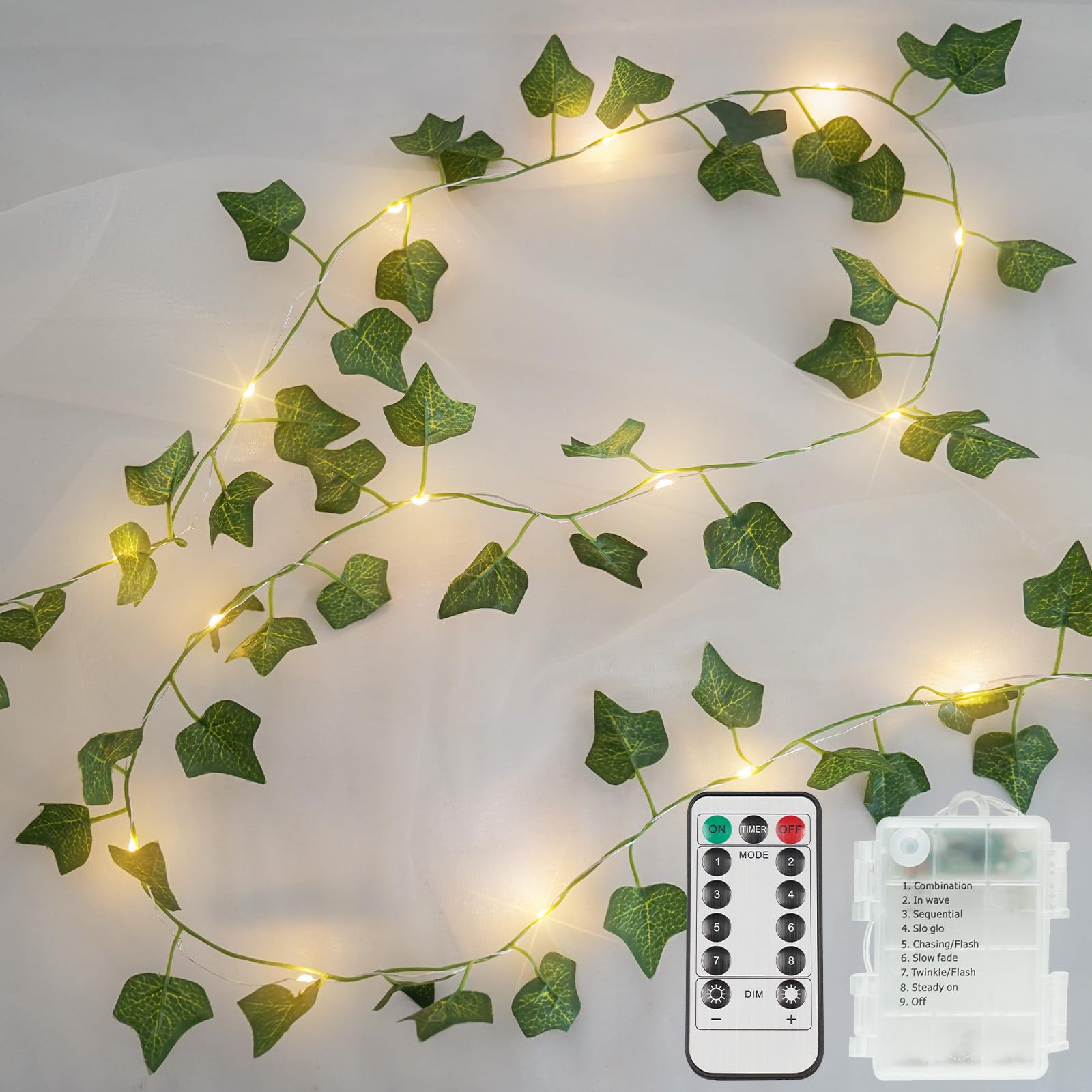 suddus Vine with Fairy Lights Battery Operated, 13.1ft 40 LED Ivy String Light with Remote, Leaf Lights for Bedroom, Room, Wall,