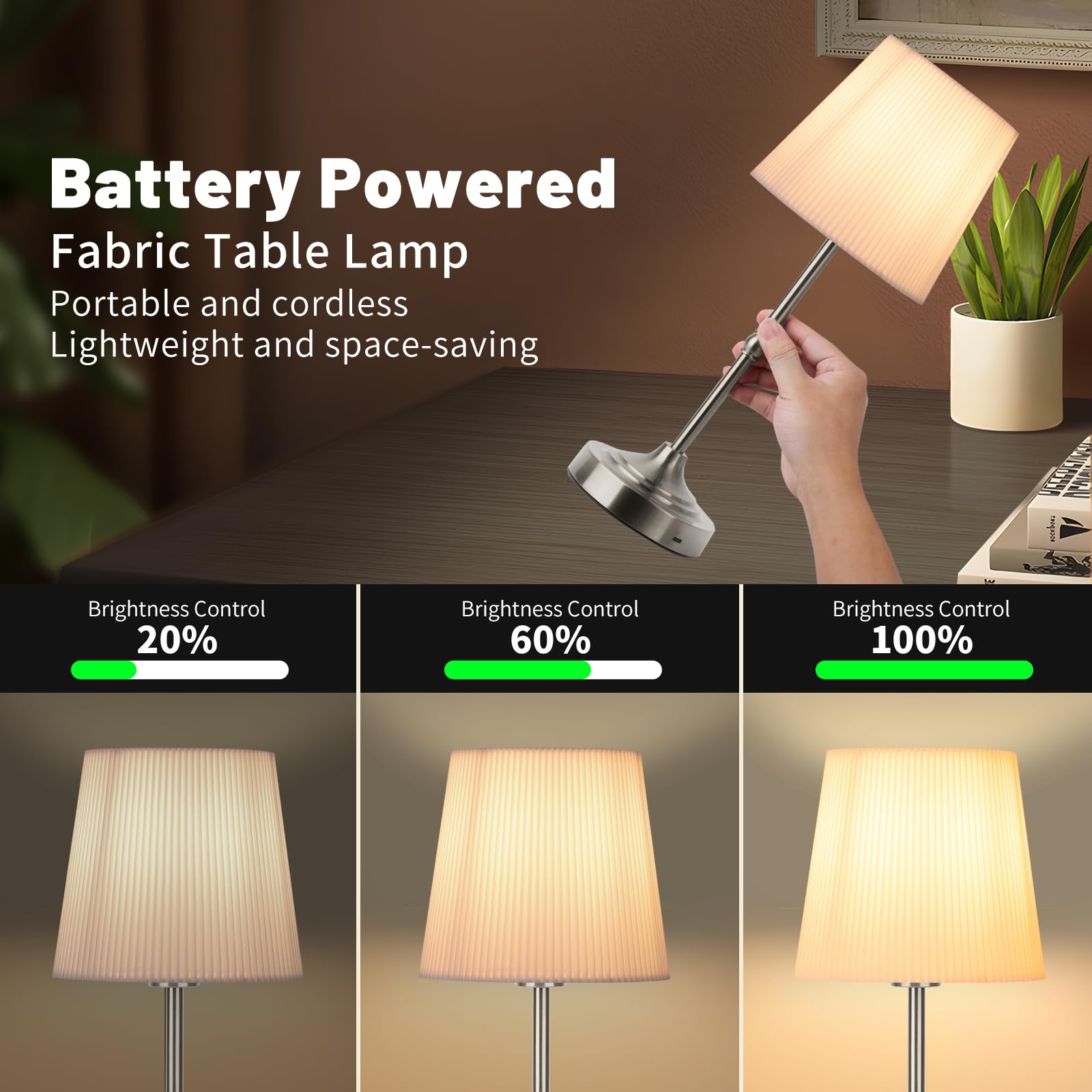 Yyxgoob Cordless Led Table Lamp,Portables Fabric Shade Desk Lamps, 5000Mah Rechargeable Battery Powered Lighting, Dimmable Light