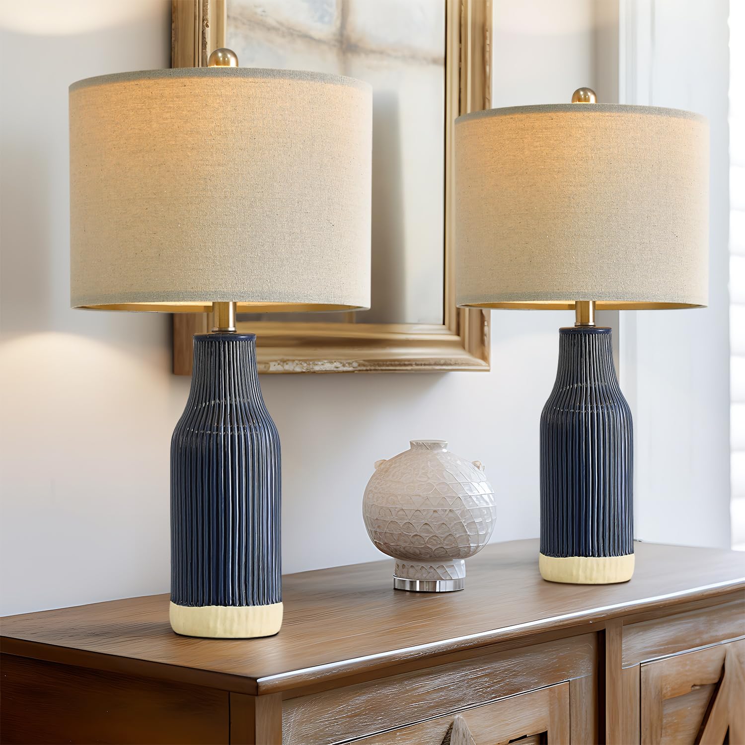 Usumkky 23.75'' Modern Blue Ceramic Table Lamp Set Of 2 For Living Room, Farmhouse Bedside Nightstand Lamp For Bedroom Home Offi