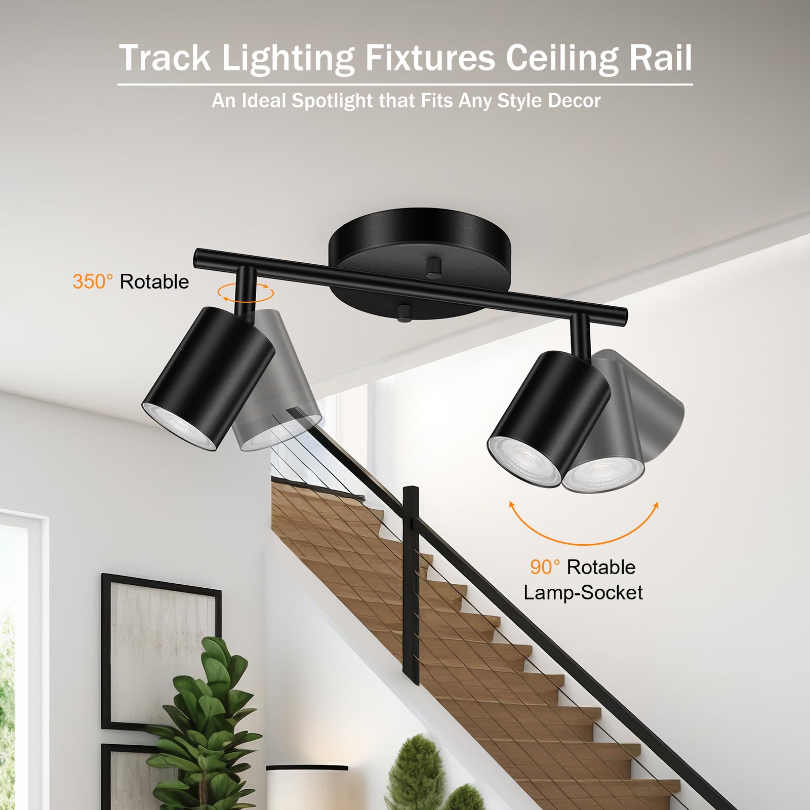 Black Track Lighting Ceiling, 2 Lights Track Lighting For Kitchen, Modern Track Lights Fixtures Ceiling Kit, Rotatable Track Hea