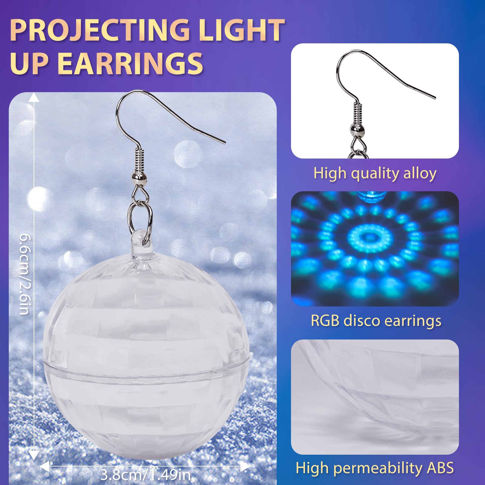 Rahan Led Earrings Disco Ball 16 Colors Light,Rechargeable Light Projecting Light Up Earrings For Women Dance Party Halloween Costume Accessories