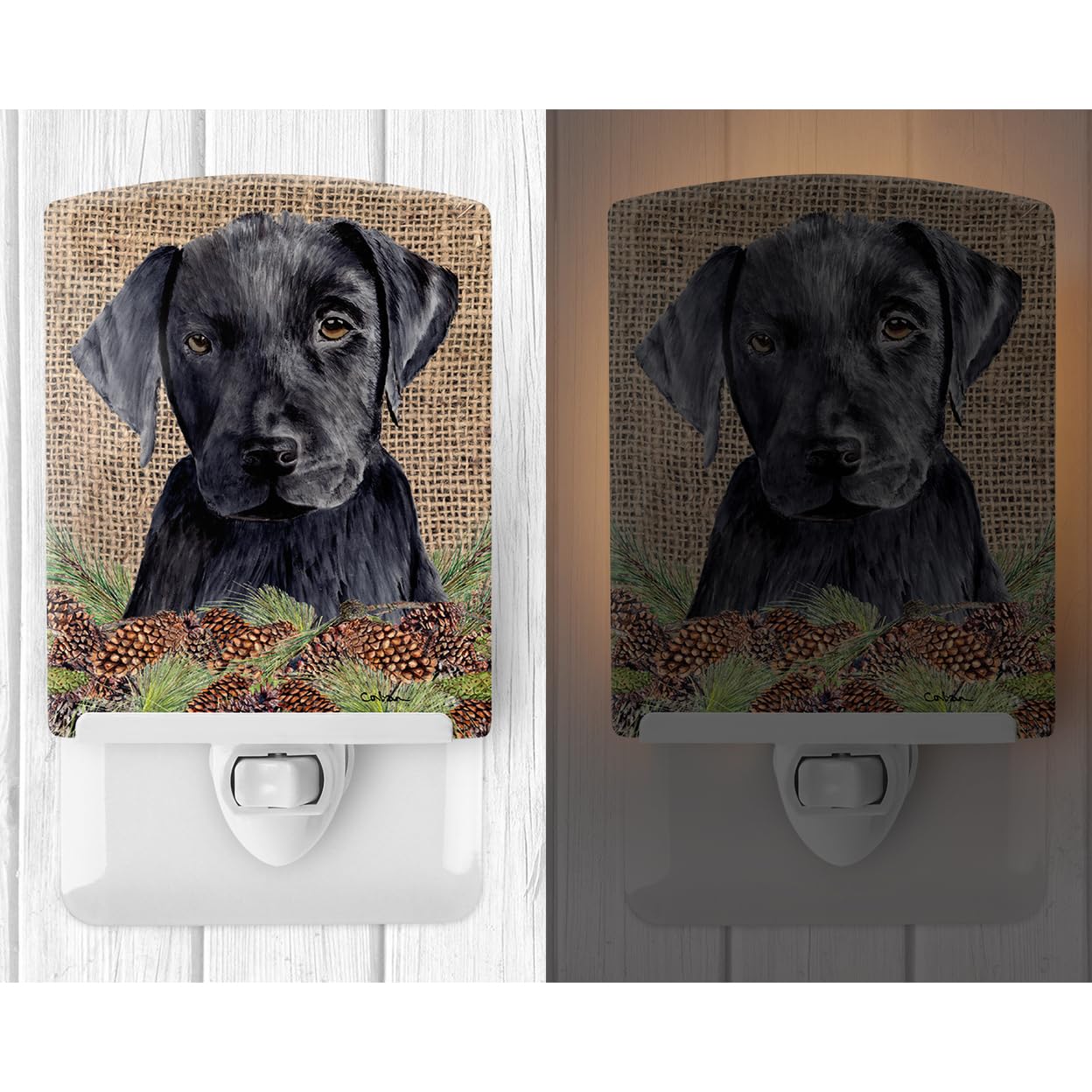 Caroline'S Treasures Sc9045Cnl Labrador Faux Burlap And Pine Cones Ceramic Night Light Compact, Ul-Certified, Ideal For Bedroom, Bathroom, Nursery, Hallway, Kitchen, 6X4X3, Multicolor