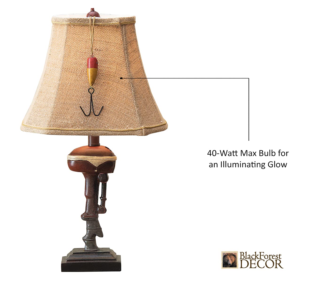 Black Forest Decor Outboard Accent Table Lamp - Rustic Boat Motor Fishing Lamp With Linen Shade - 11'' W X 8.2'' D X 20'' H