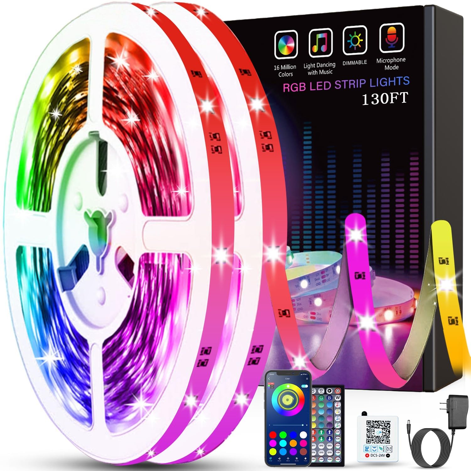 Tenmiro 130ft Led Lights for Bedroom  LED Band Lights with Remote and App Control Music Sync Color Changing RGB LED Band  LED Lights for Room Home Party Decoration (2 Rolls of 65ft)