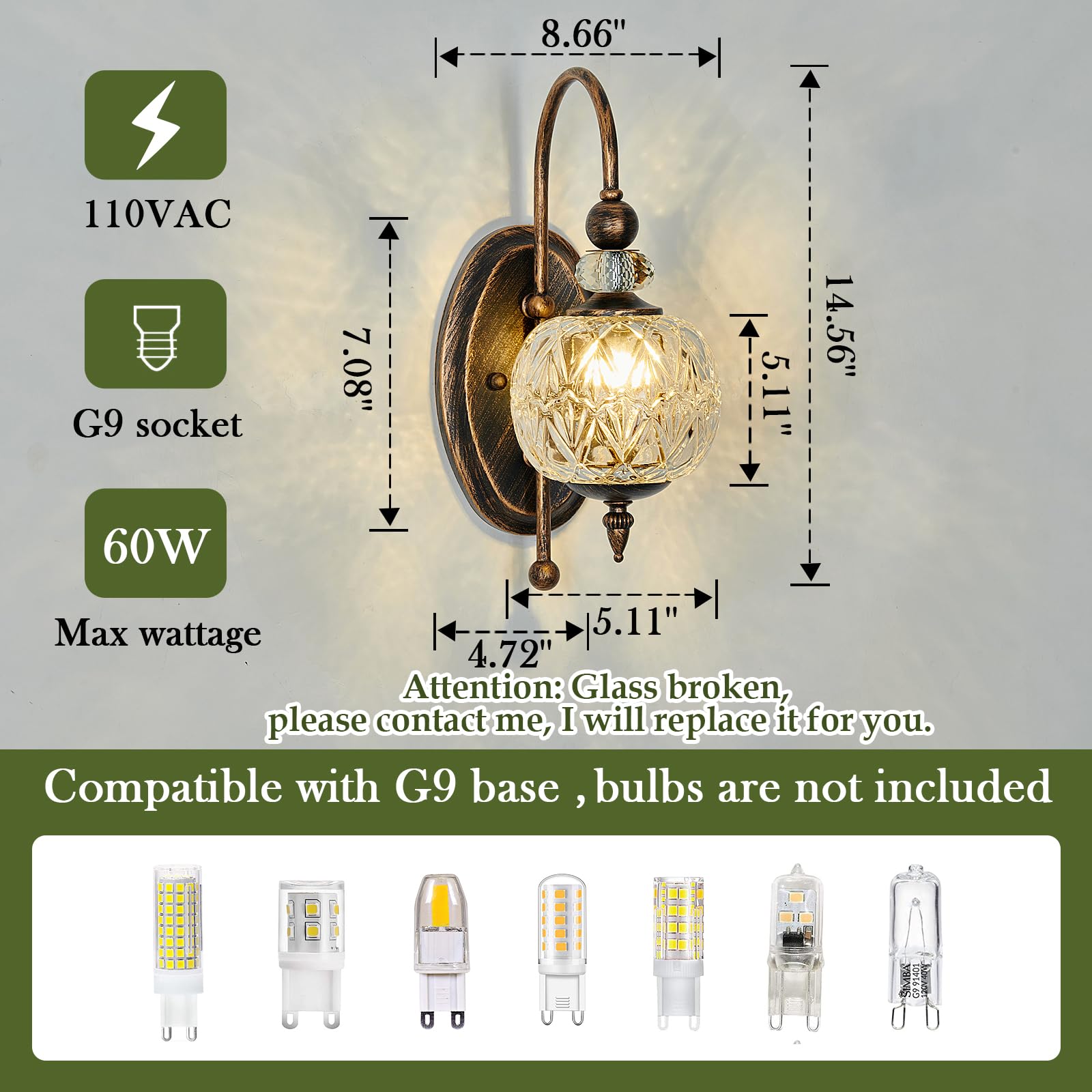 Piepooye Vintage Bronze Wall Sconce With Glass Globe Shade Mid Century G9 Bulb Wall Light Indoor Wall Lamp For Bathroom Farmhous