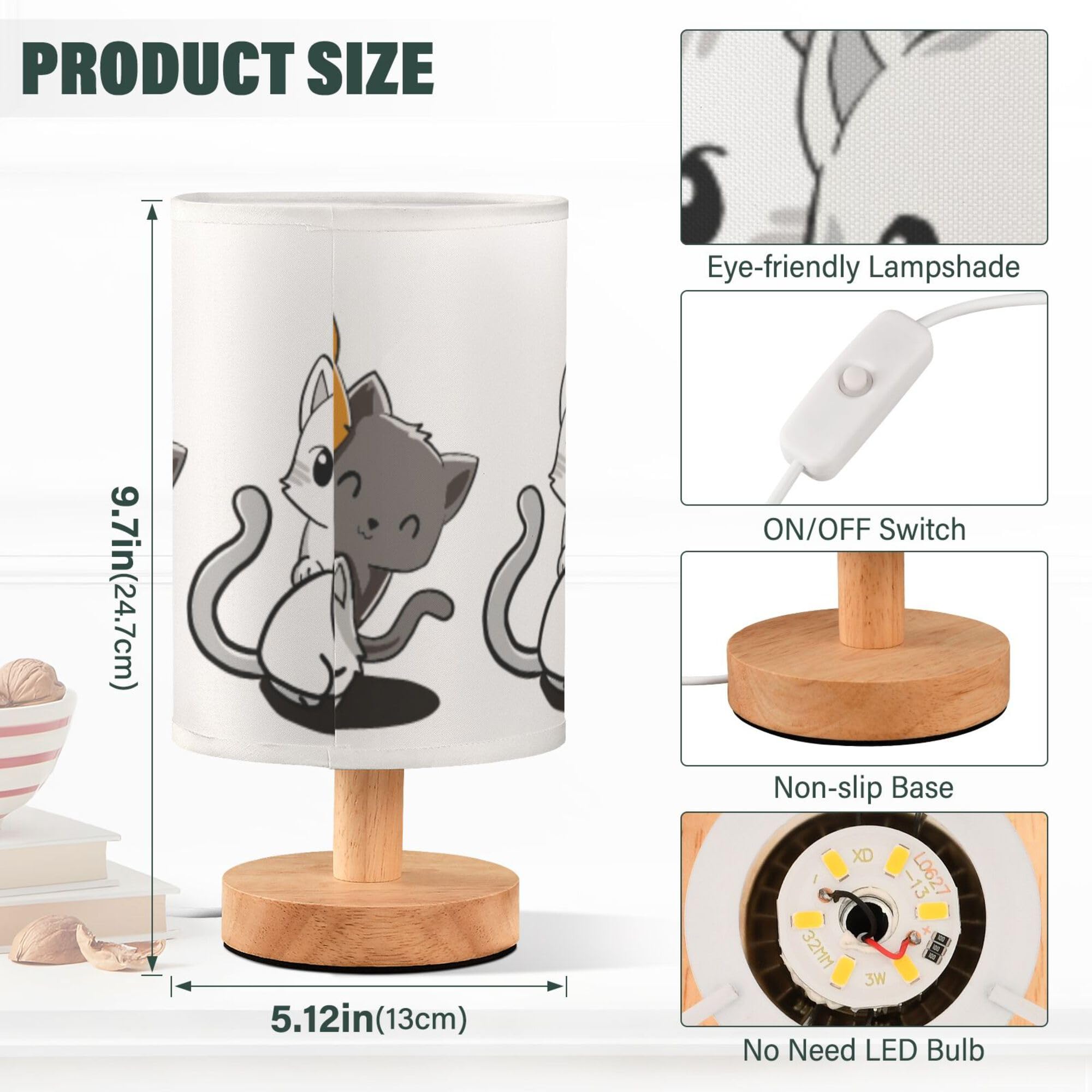 Yyzzh Table Lamp Cute Cartoon Cat Kitten Kitty Nightstand Lamp With Wood Base Fabric Lamp Shade Bedside Desk Lamp For Living Roo