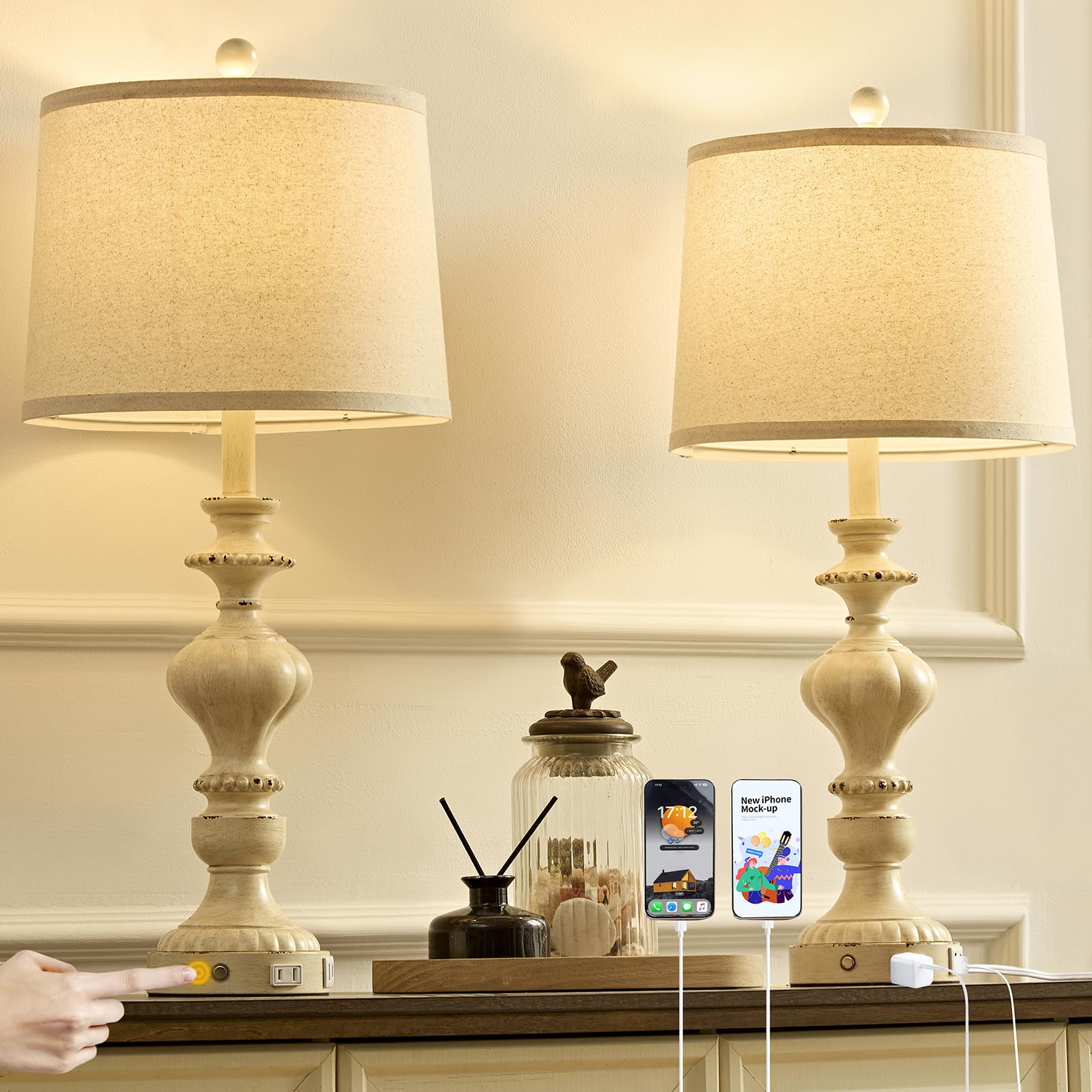 SAIWEYA 27.5'' Farmhouse Table Lamps Set of 2 Bedside Nightstand Lamp with USB C+A Ports & AC Outlet, 3 Way Dimmable Touch Lamps