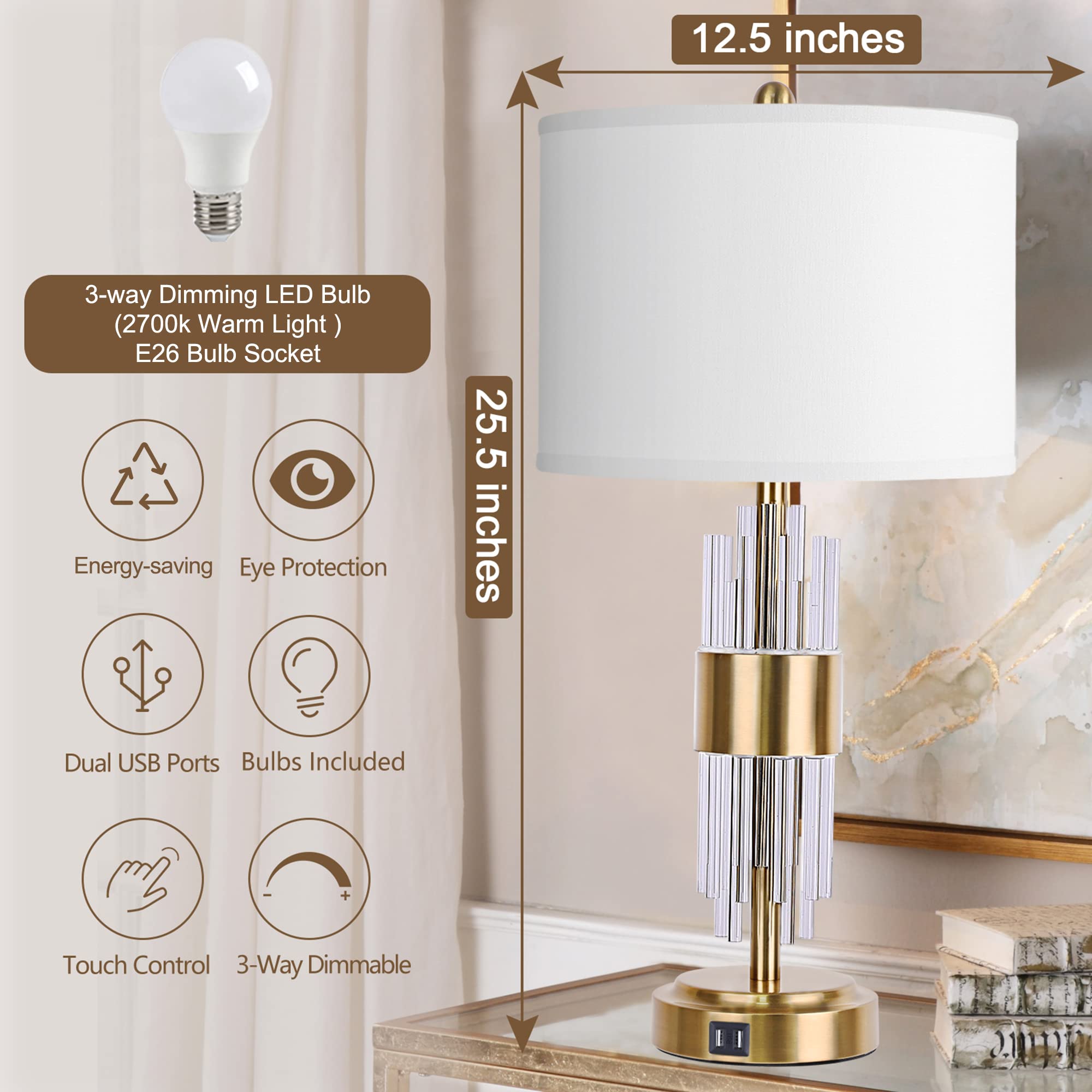 QiMH Gold Table Lamp with USB Ports, Touch Control, Modern Design, Single Pack, White Shade, Model STR-DL-0096