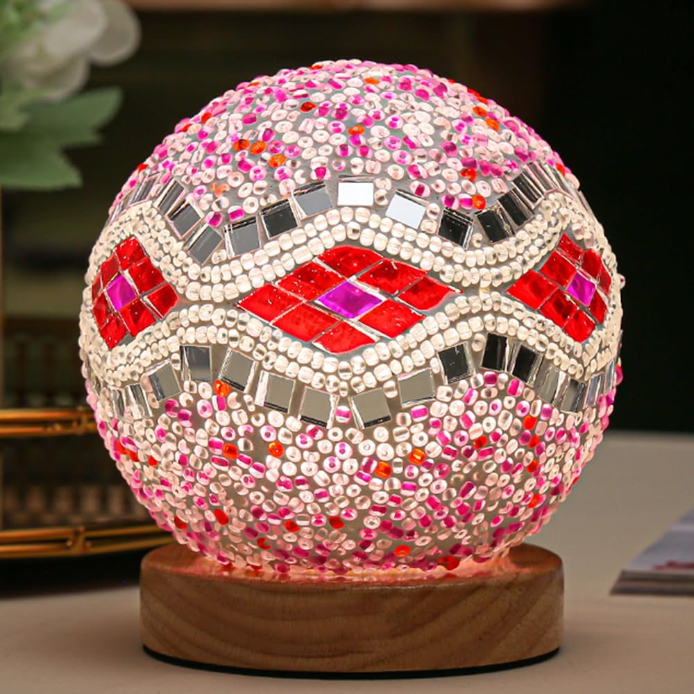 HAIDOLIANG Boho Lamp Mosaic Glass Table Lamp D:4.7in x H:5.2in USB Powered Mediterranean - Blue Wooden Base