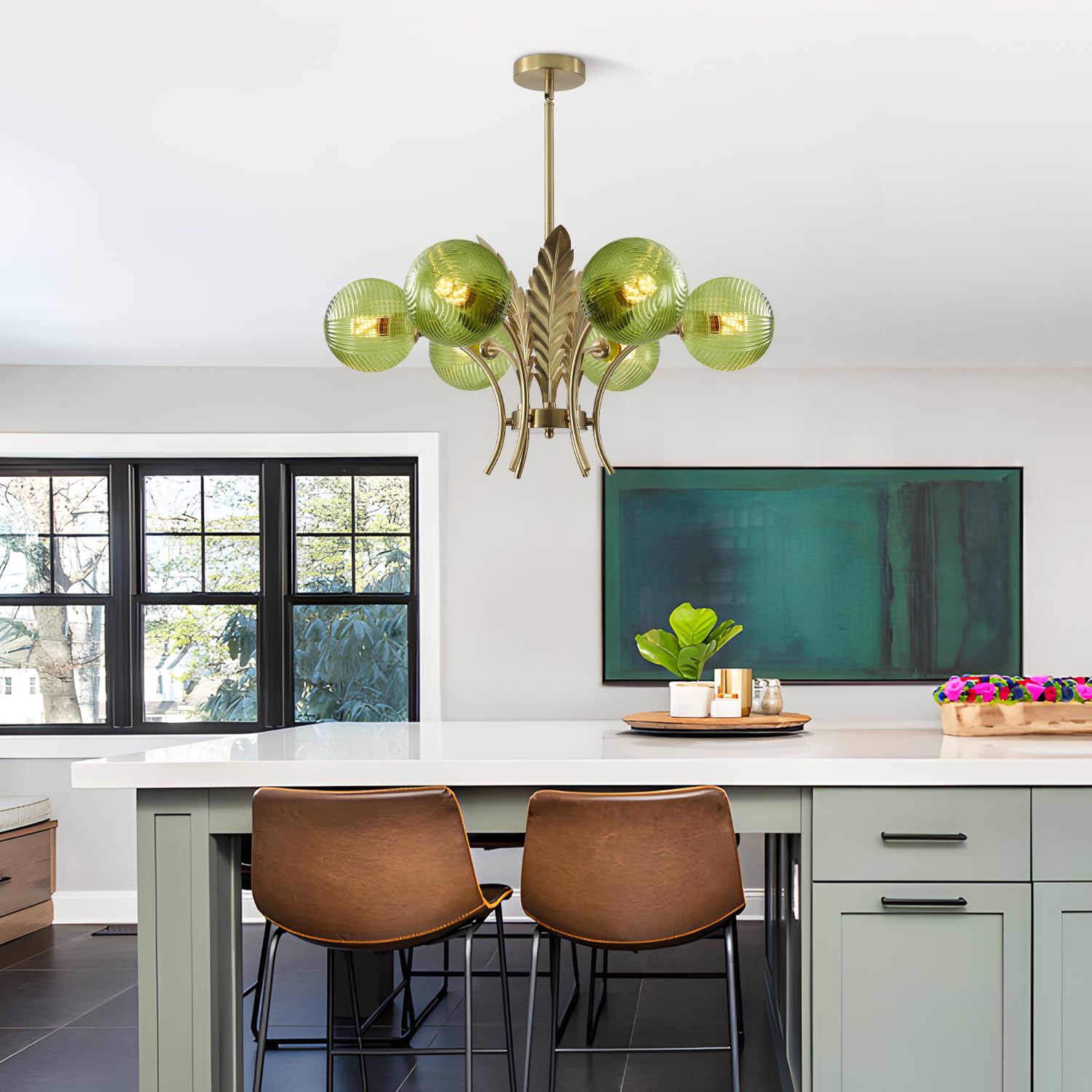 BOKT 6-Light Brushed Brass Chandelier with Green Glass Globes, Adjustable Height, Model BP1128-G