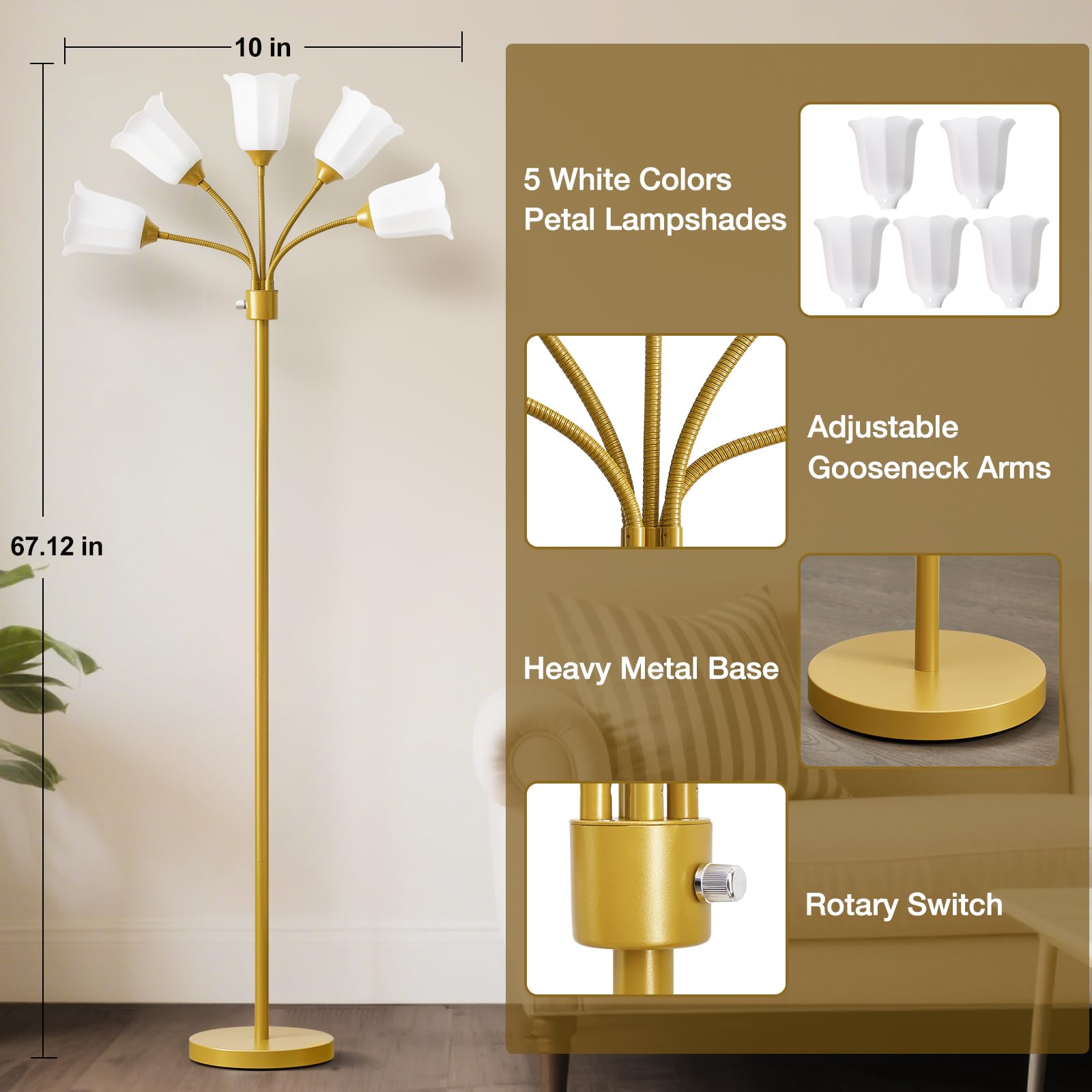 GyroVu Medusa Floor Lamp - Multi-Head Modern Tall Gooseneck Lamp with 5 White Shades, Gold Finish