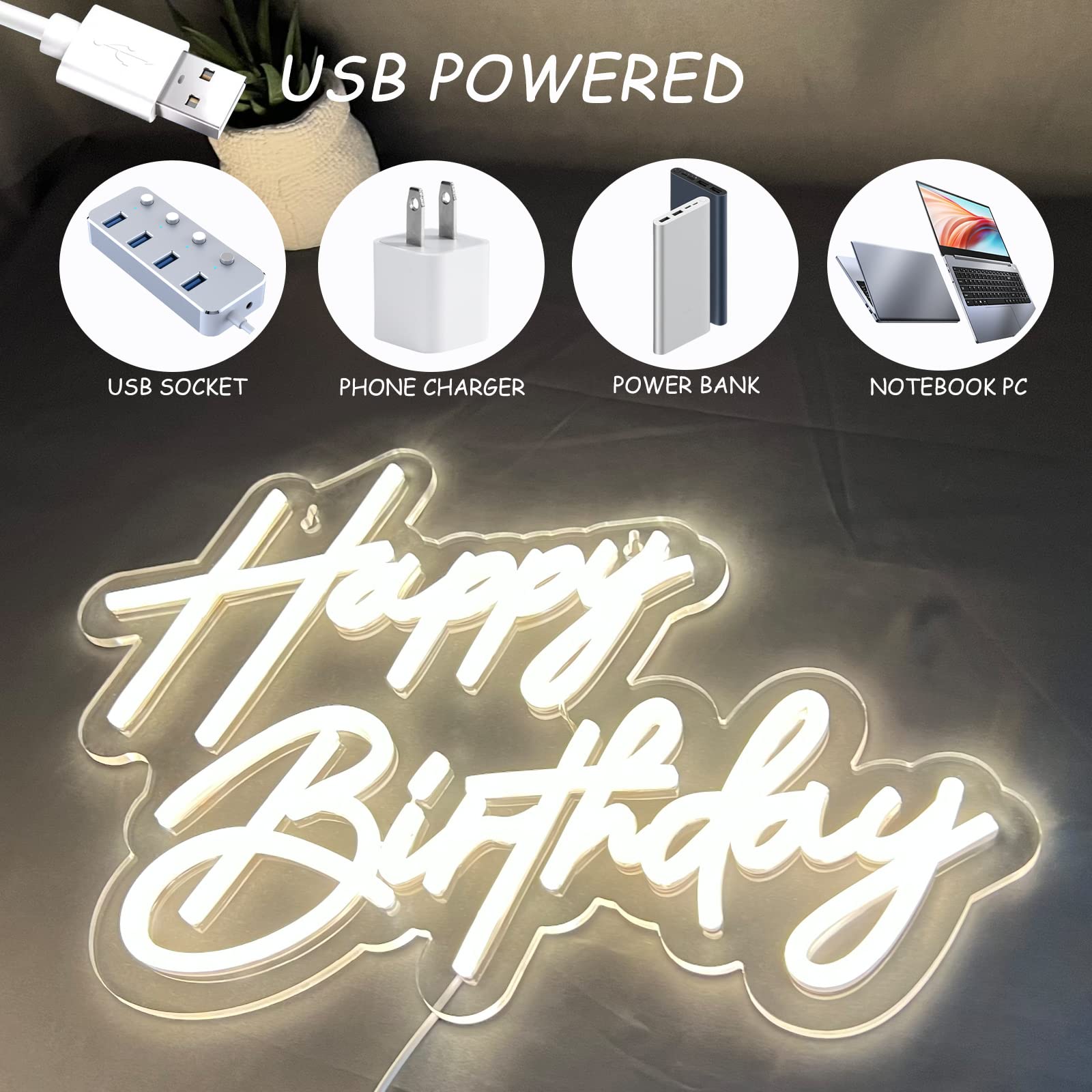 BerniceKelly Happy Birthday Neon Sign, Warm White LED Light, 17x12 Inch, Model AW-12, Wall Decor for Birthday Parties