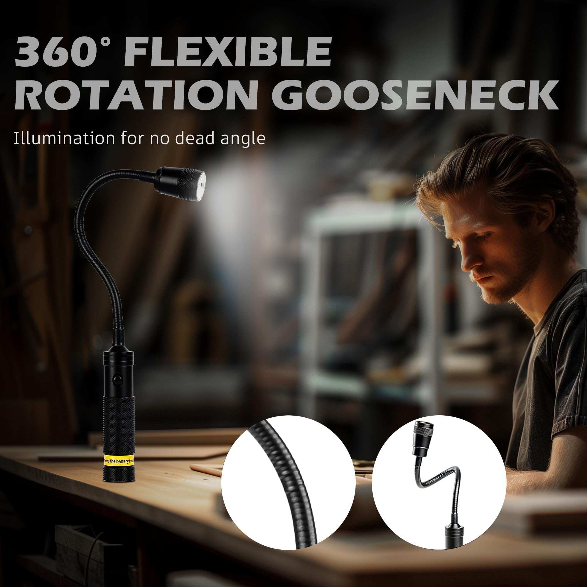 Favorlite Led Work Light, 500 Lumen Gooseneck Flashlight With Magnetic Base, Zoomable Flexible Led Flashlight, Waterproof Job Si