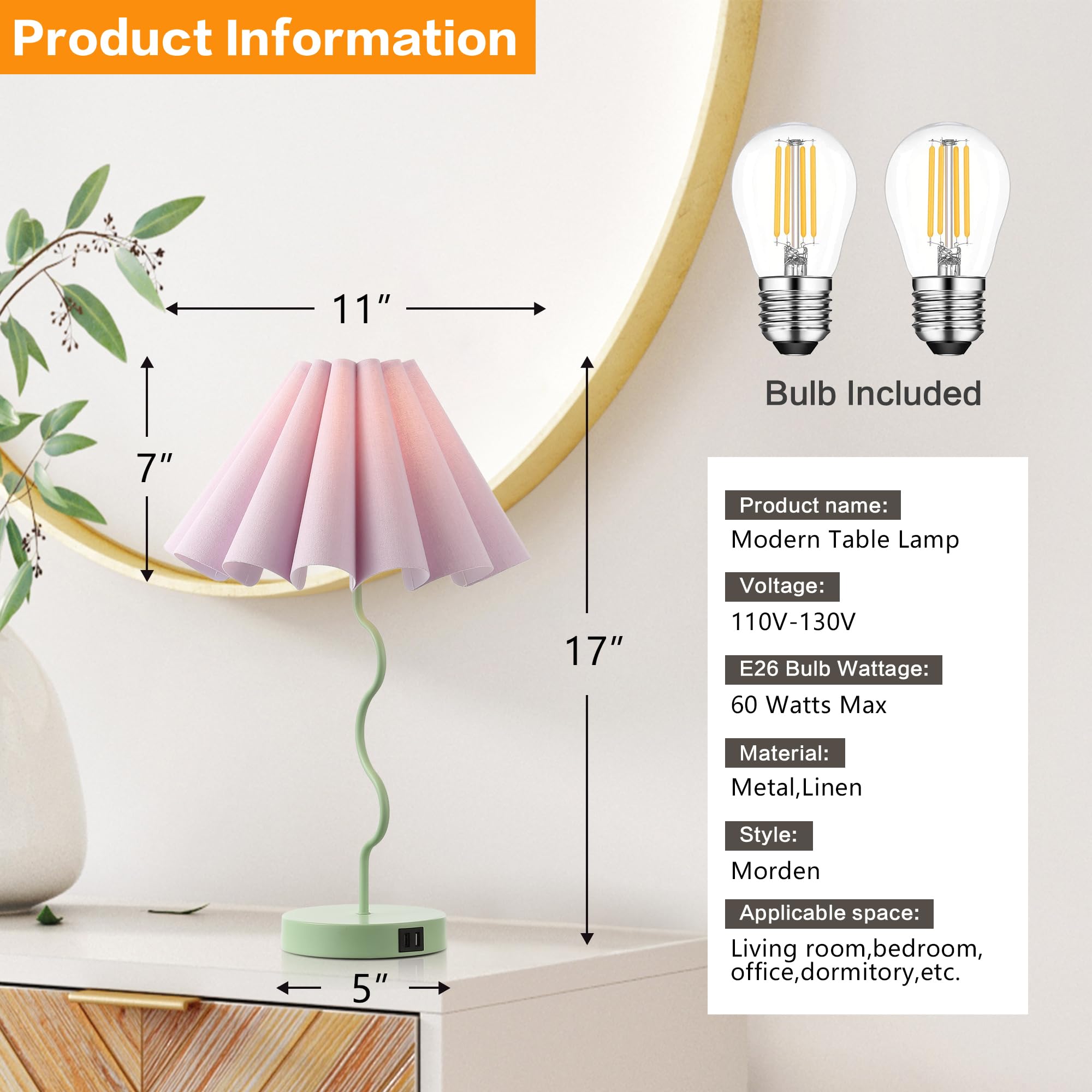 EOEYYOYB Pleated Table Lamp, Linen Shade, Modern Design, Green, Model 2097