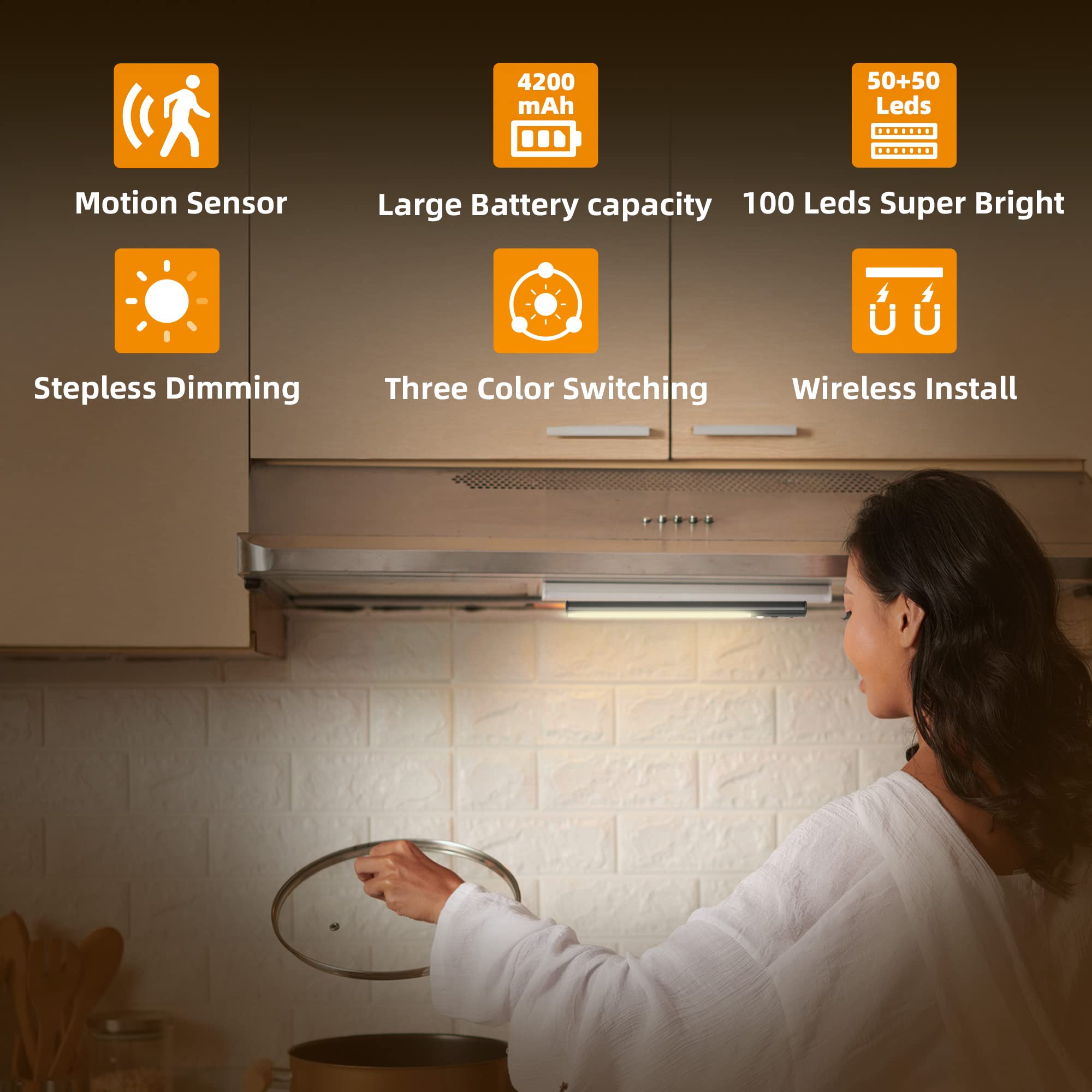 COLIJOY Motion Sensor Cabinet Light - 4200mAh Rechargeable LED Strip, 4 Pack, Wireless Indoor Lighting, Model CW08