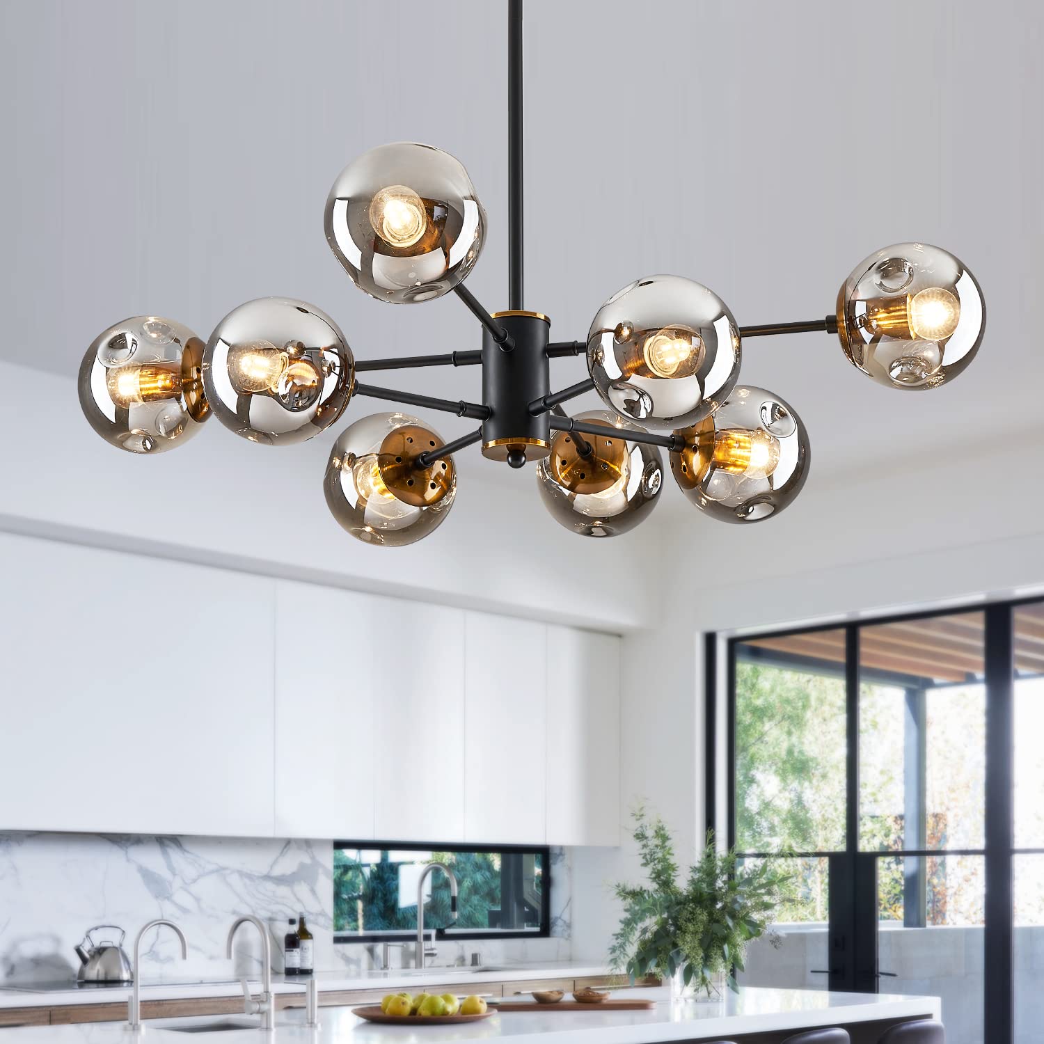 Ddlldeshi 8-Light Sputnik Black Chandelier With Globe Glass Black And Gold Pendant Lights Bubble Light Chandeliers For Dining Room Farmhouse Kitchen Living Room Bedroom Office