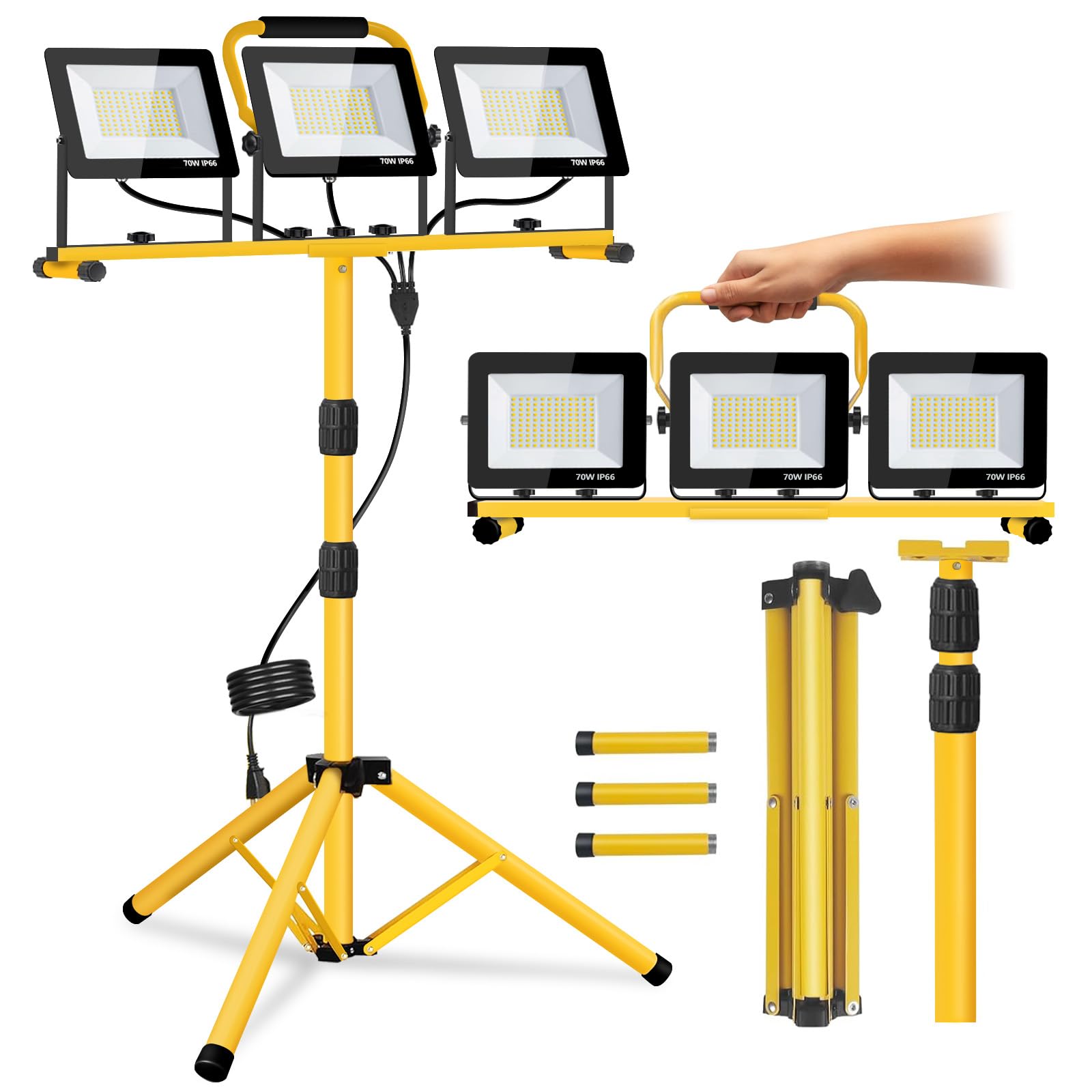 21000 Lumen Work Lights with Stand, 3 Adjustable Heads LED Work Lights, with Adjustable and Foldable Tripod Stand, Waterproof La