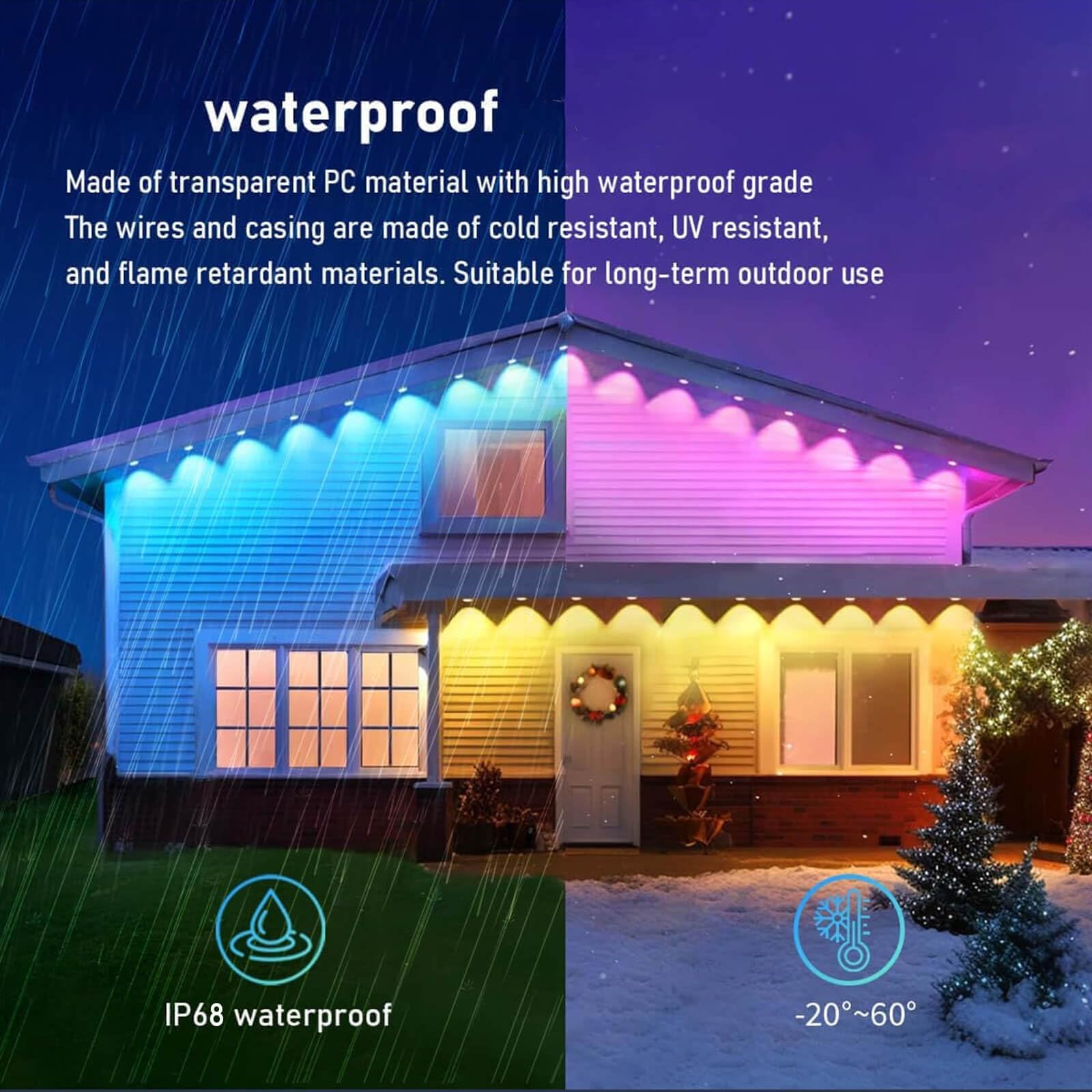 SIFWEX 200ft RGB-IC Smart Outdoor Lights Pro - IP68 Waterproof, App & Remote Control, Multicolor, Model RGB-EVAE2R300-202408252