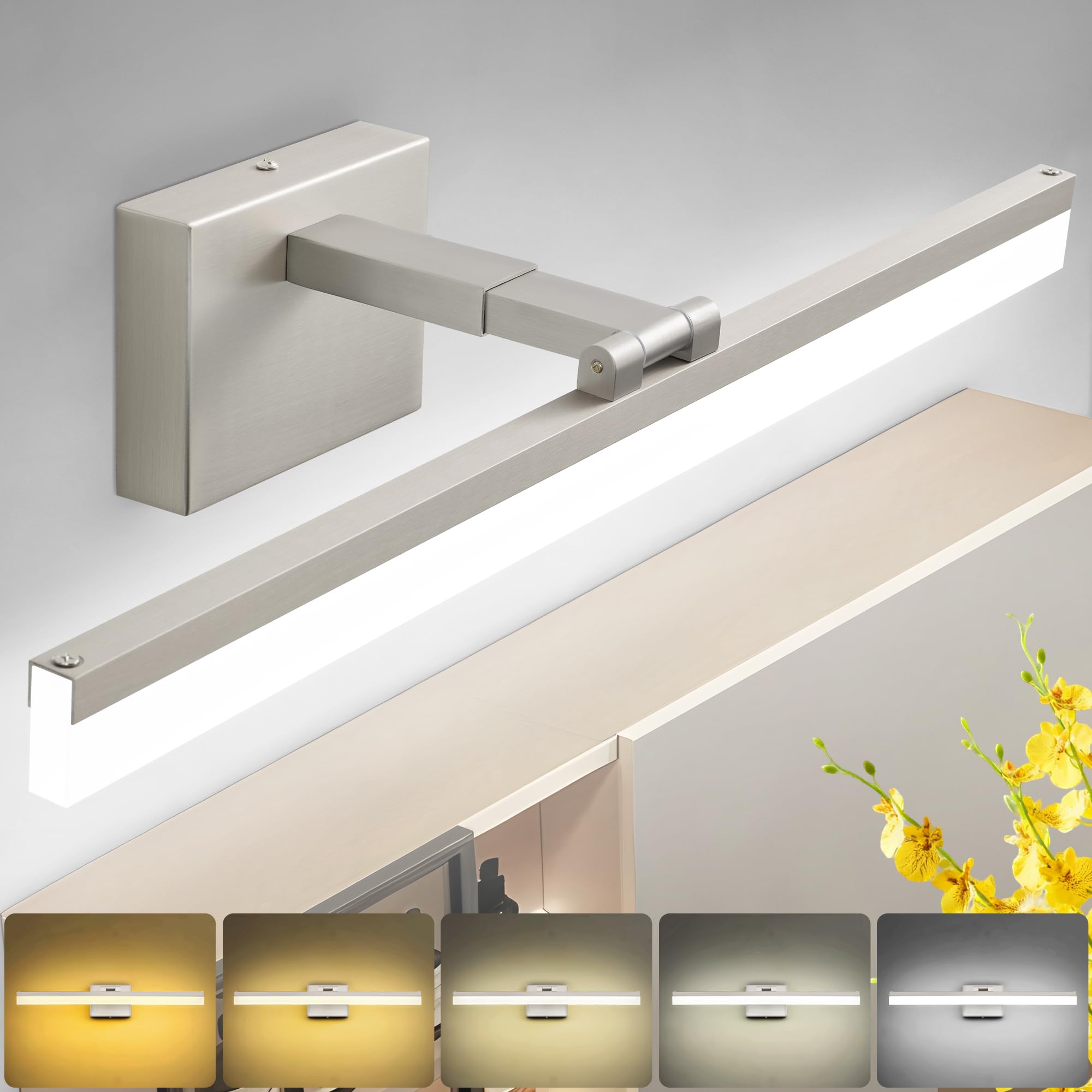 SOLFART LED Vanity Lights Fixtures - 24 inch Brushed Nickel Retractable Modern Bathroom Light Fixture Over Mirror 5CCT
