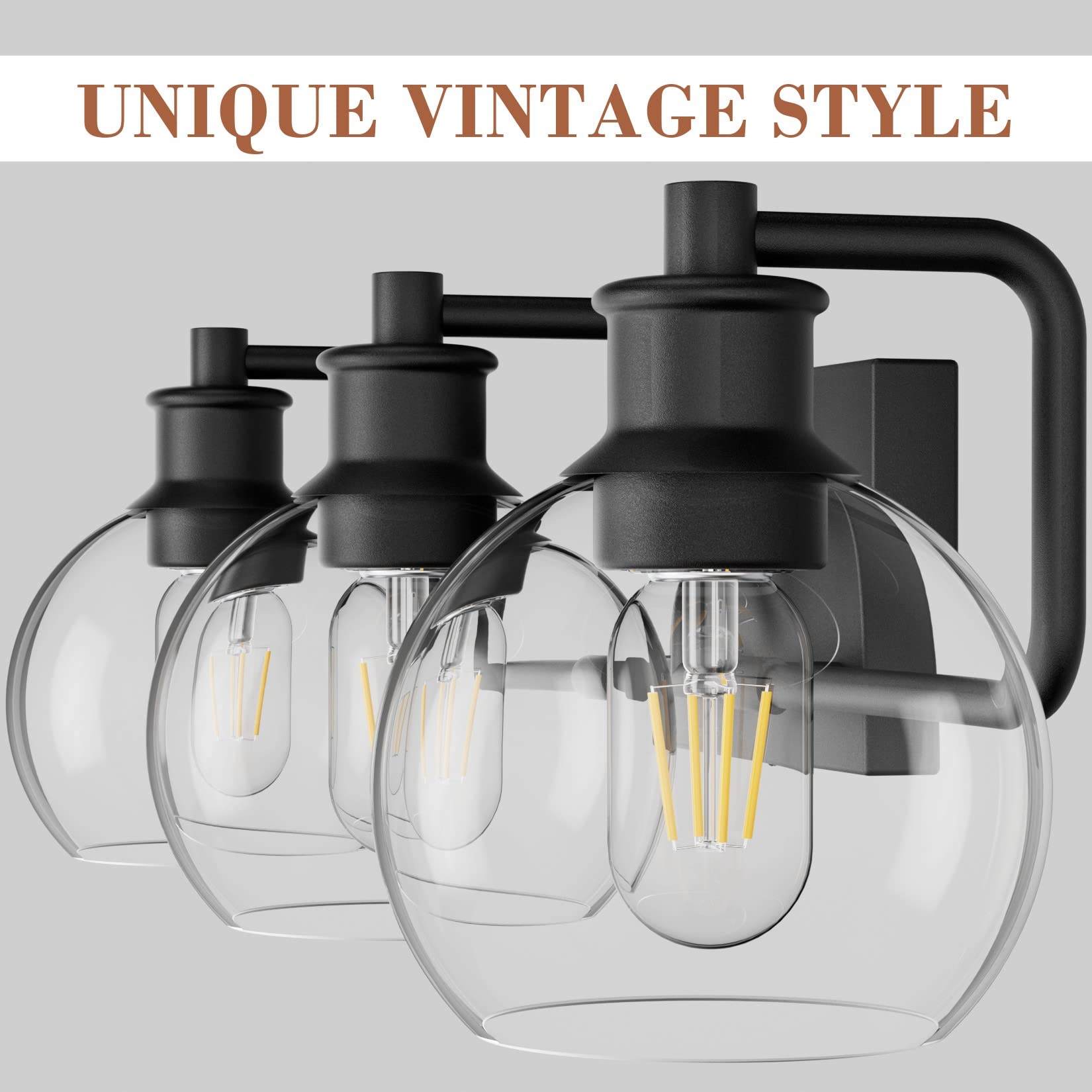 Tipace Black Vintage Bathroom Vanity Light Fixture, 3-Light Industrial Design, Metal, Model L-7493-1, Excludes Bulb