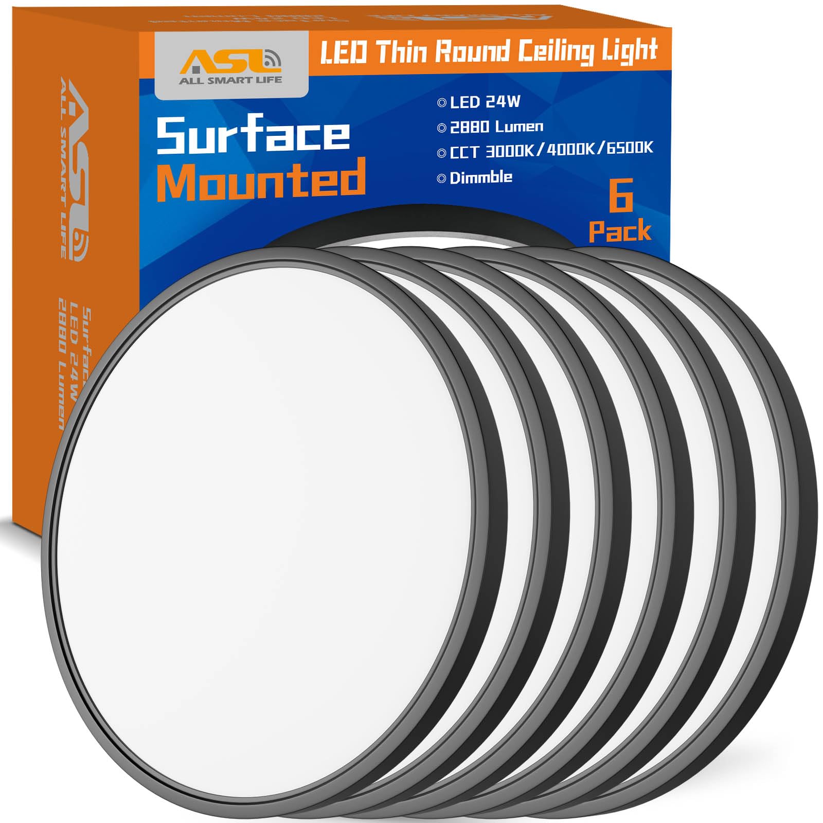 Allsmartlife Led Flush Mount Ceiling Light, 6 Pack 24W 12inch Round Led Surface Mount Light, Close to Ceiling Light Fixtures for