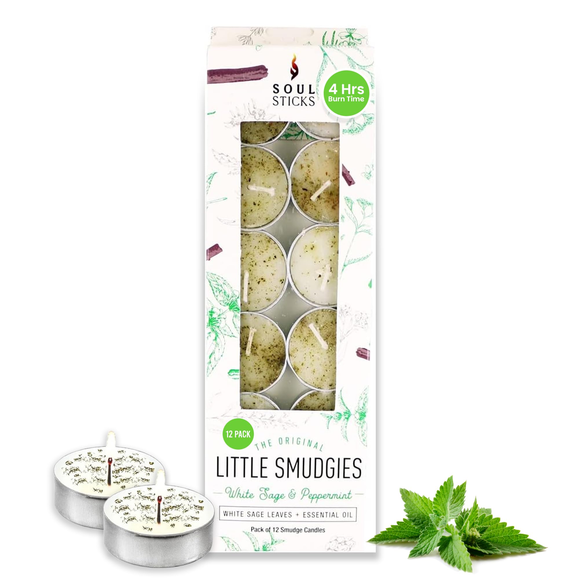 SOUL STICKS 12 Pack Little Smudgies Tealight Candles Smudge Candle for Cleansing House, Meditation, Chakra Healing | Made with Crystals and Herbs (White Sage & Peppermint)
