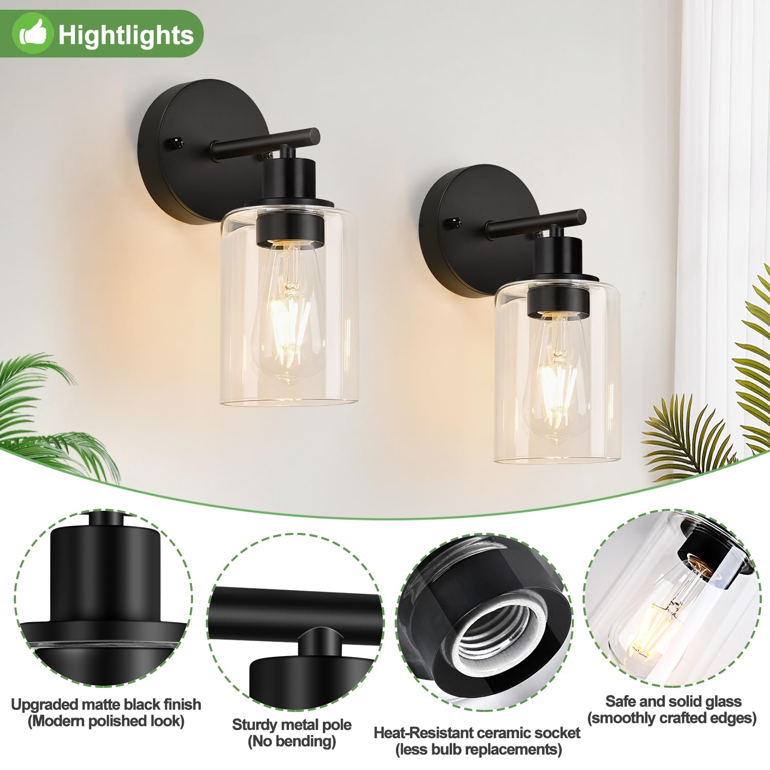 Zarbitta Set Of 2 Wall Sconces For Bathroom Black Modern Vanity Lights With Clear Glass Shade Bathroom Wall Lamp For Mirror Kitchen Living Room Hallway Cabinet Porch