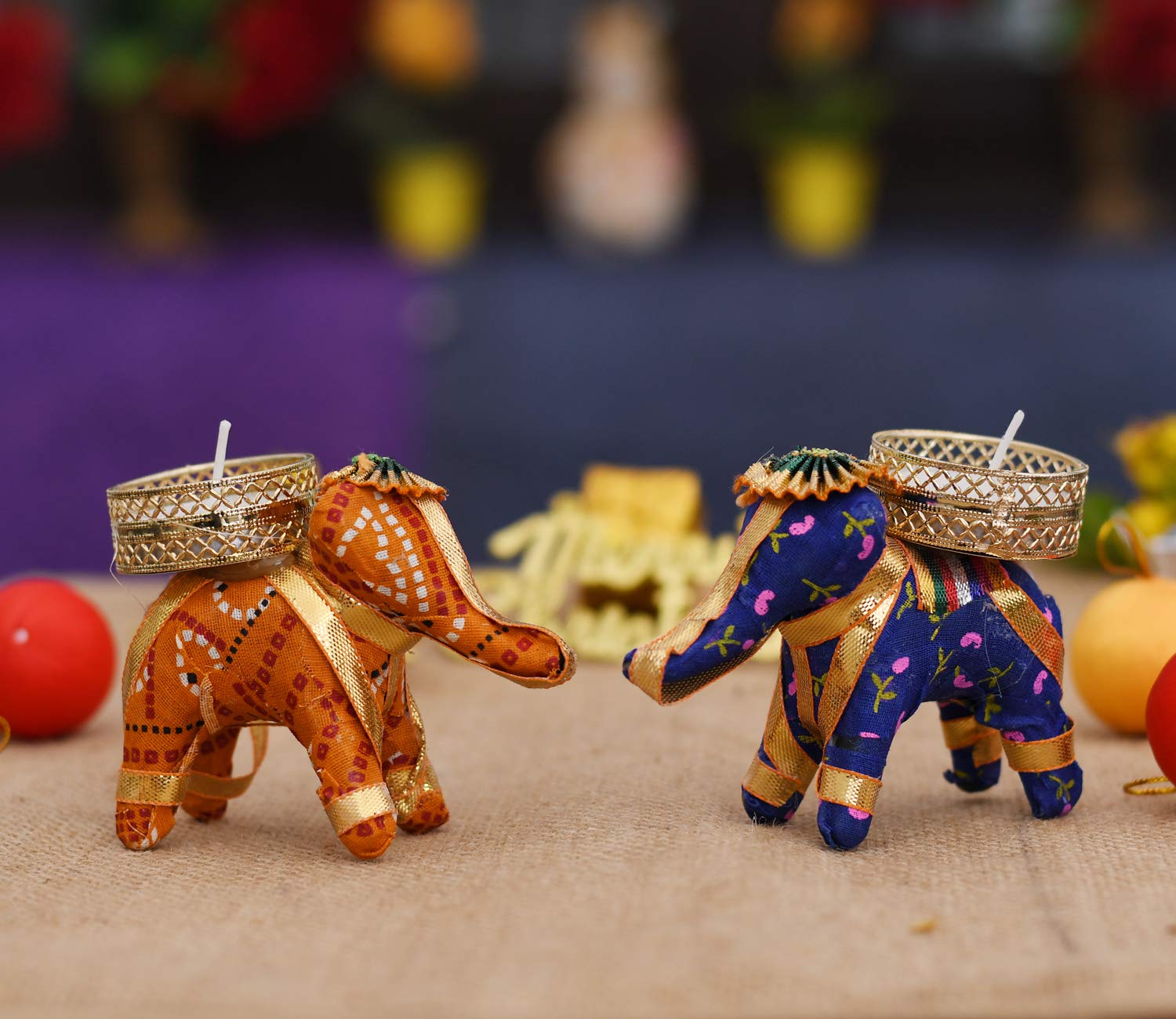 Collectible India Cotton Elephant Design Tealight Candle Holder, Pack of 2