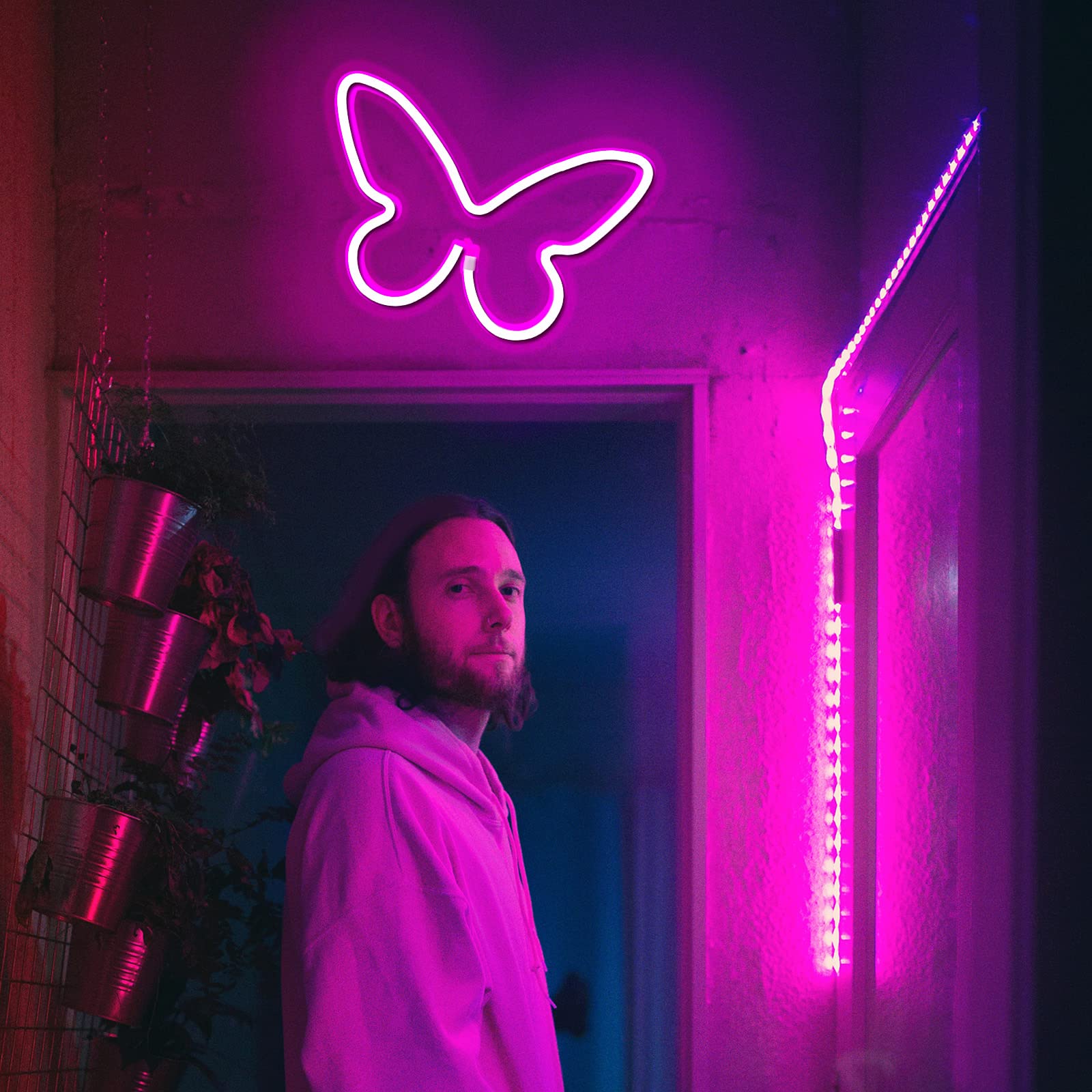 BerniceKelly 2 Pieces Butterfly Neon Sign LED Light USB/Battery Powered for Kids Room Pink Model 643-NHD2203241-PINK2