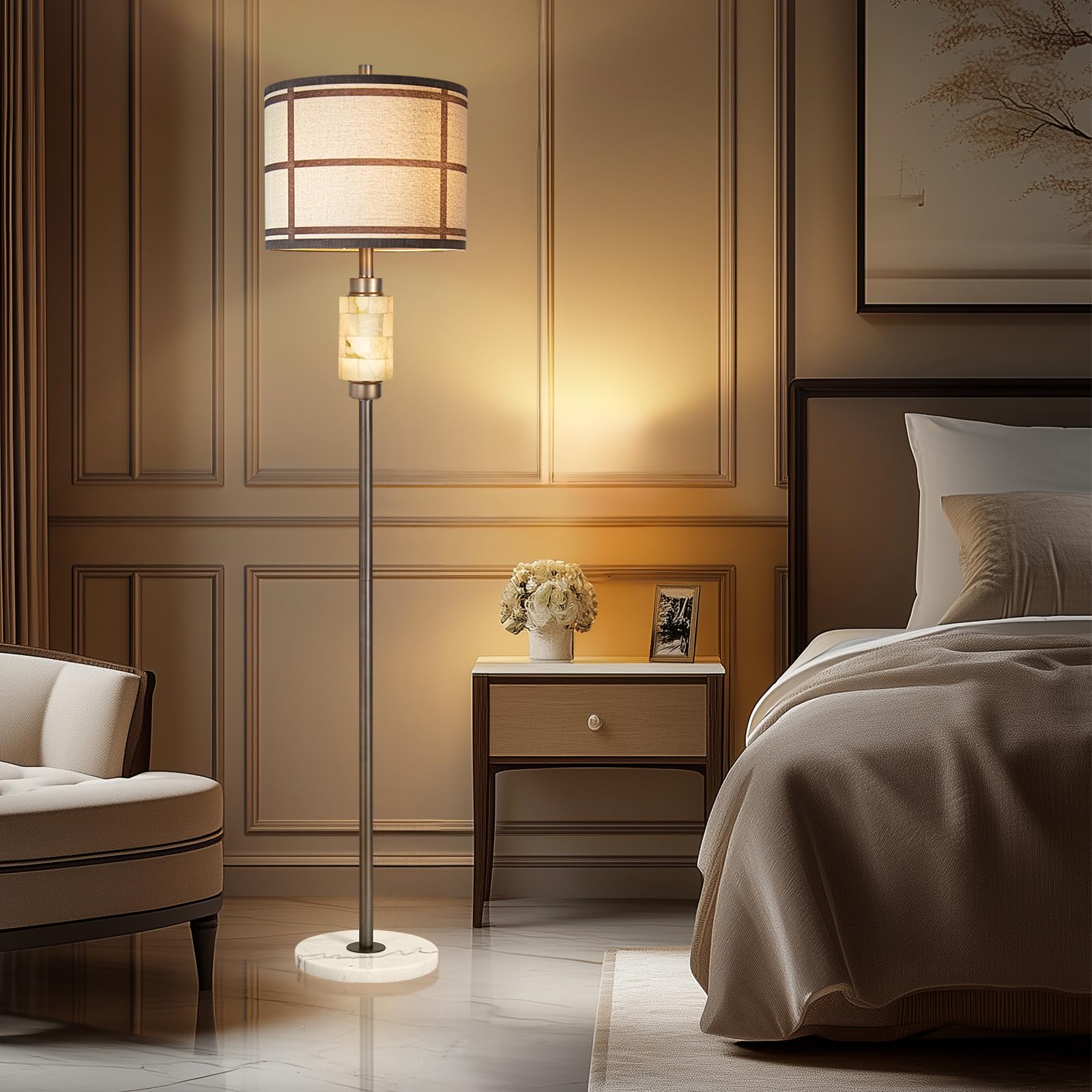 Natural Alabaster Modern Floor Lamp With Night Light,Rustic Floor Lamp For Living Room,Marble Base Tall Lamps With Linen Fabric