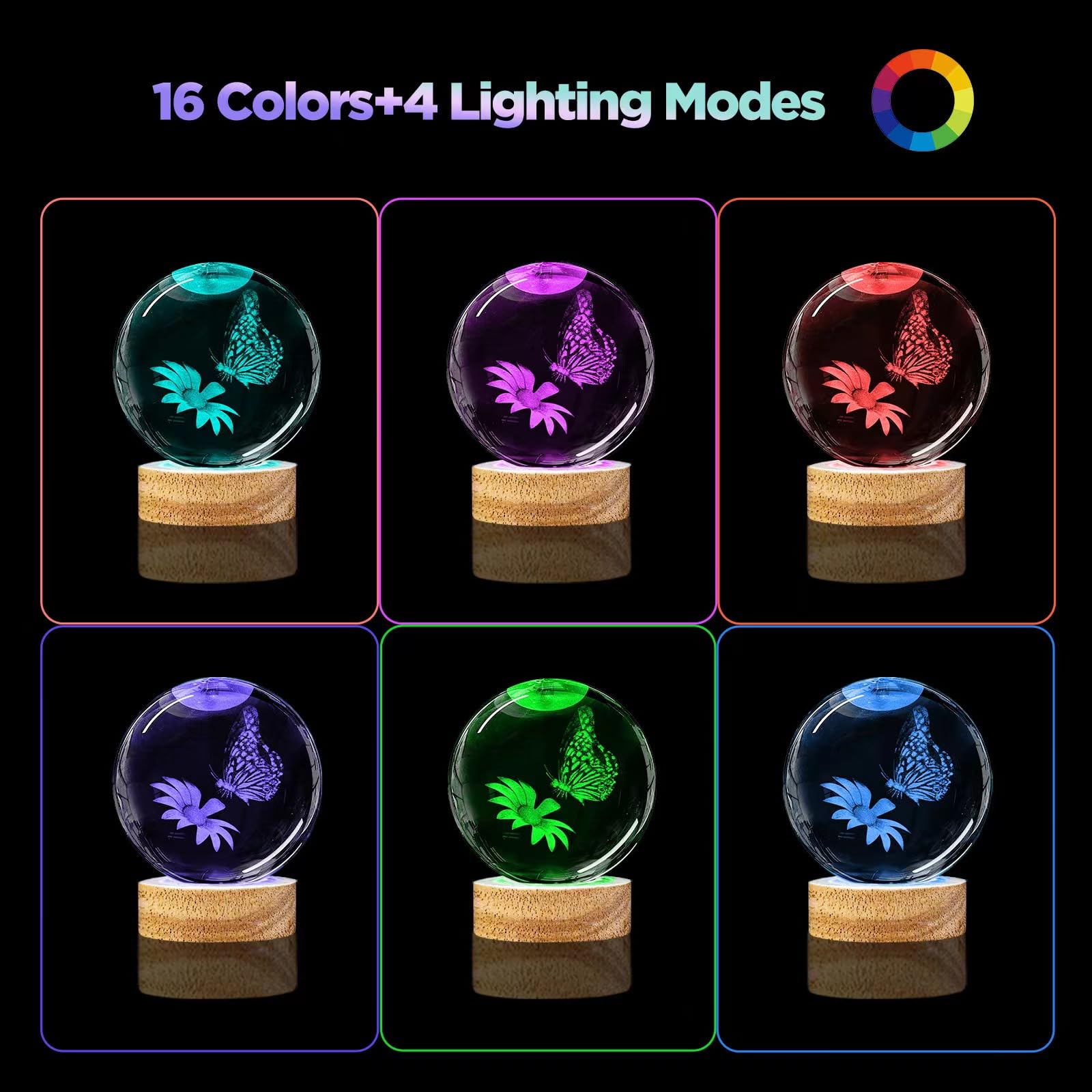 Huntalg 3D Butterfly Crystal Ball Night Light Upgraded 3.15 In Butterfly And Flower Figurines Glass Ball Lamps With 16 Color For