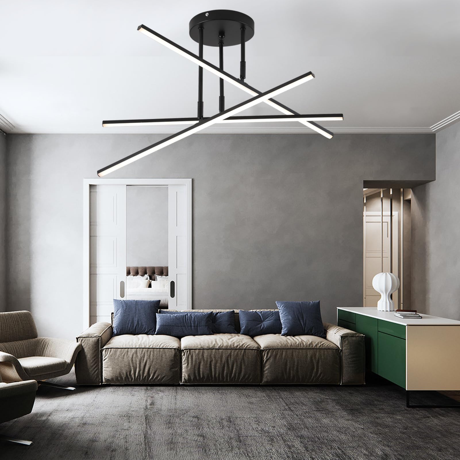 NIrcissism Black LED Chandelier, 3-Lights, Modern Semi Flush Mount, Sputnik Fixture for Living Room, Kitchen, Bedroom