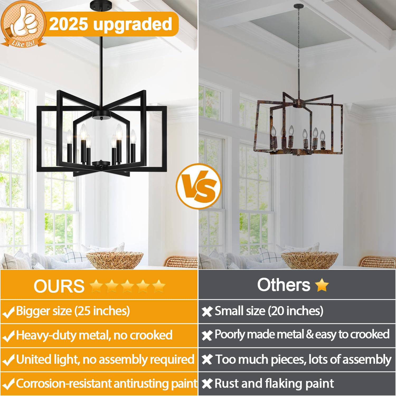 Lynnoland 25" Matte Black 6-Light Chandelier, Industrial Metal Pendant Fixture for Dining Room, Kitchen Island, Entryway, Model P4072