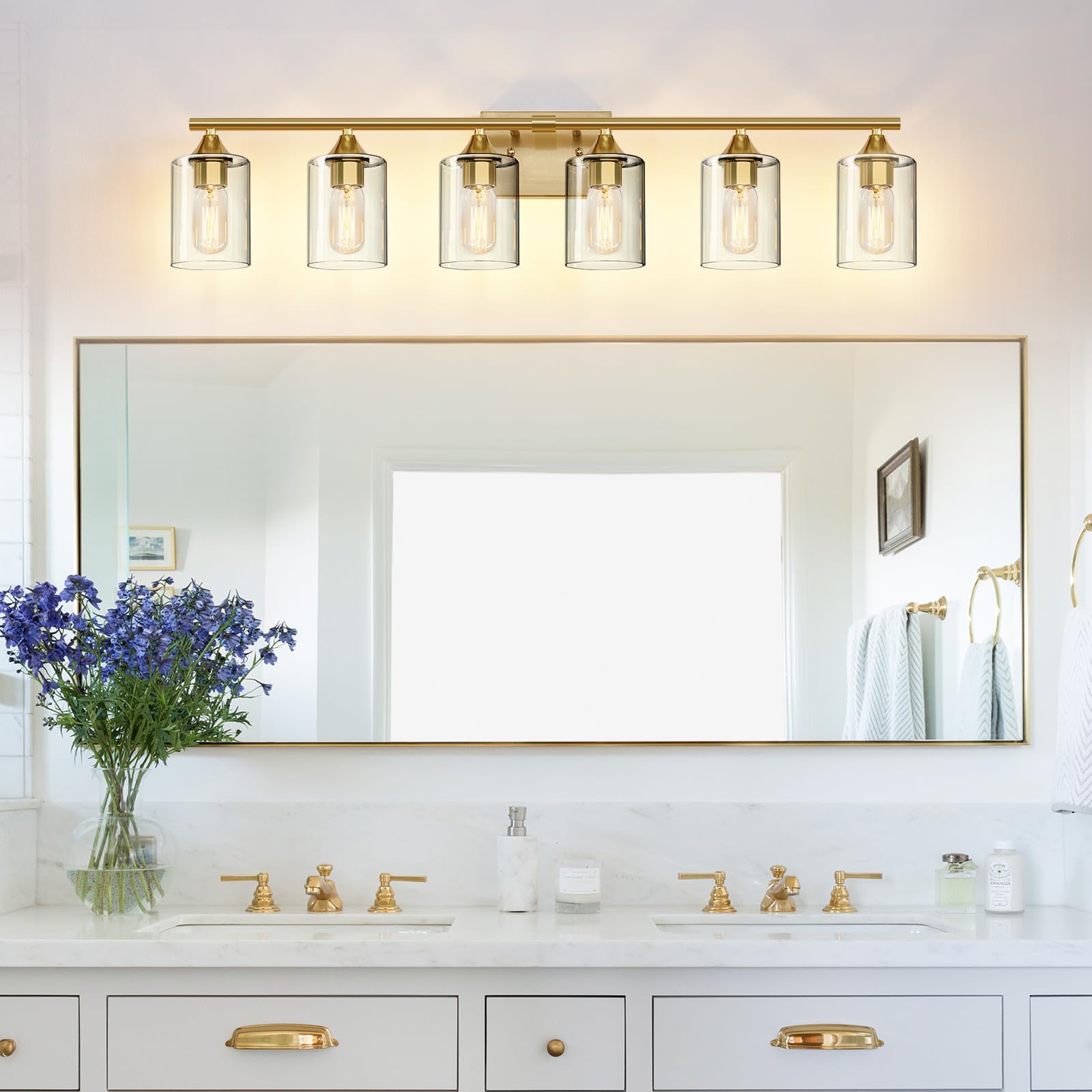 Xpehk 6-Light Gold Vanity Light,Bathroom Light Fixtures,Modern Brushed Brass Gold Wall Sconce Lighting,Bathroom Wall Lamp For Mi