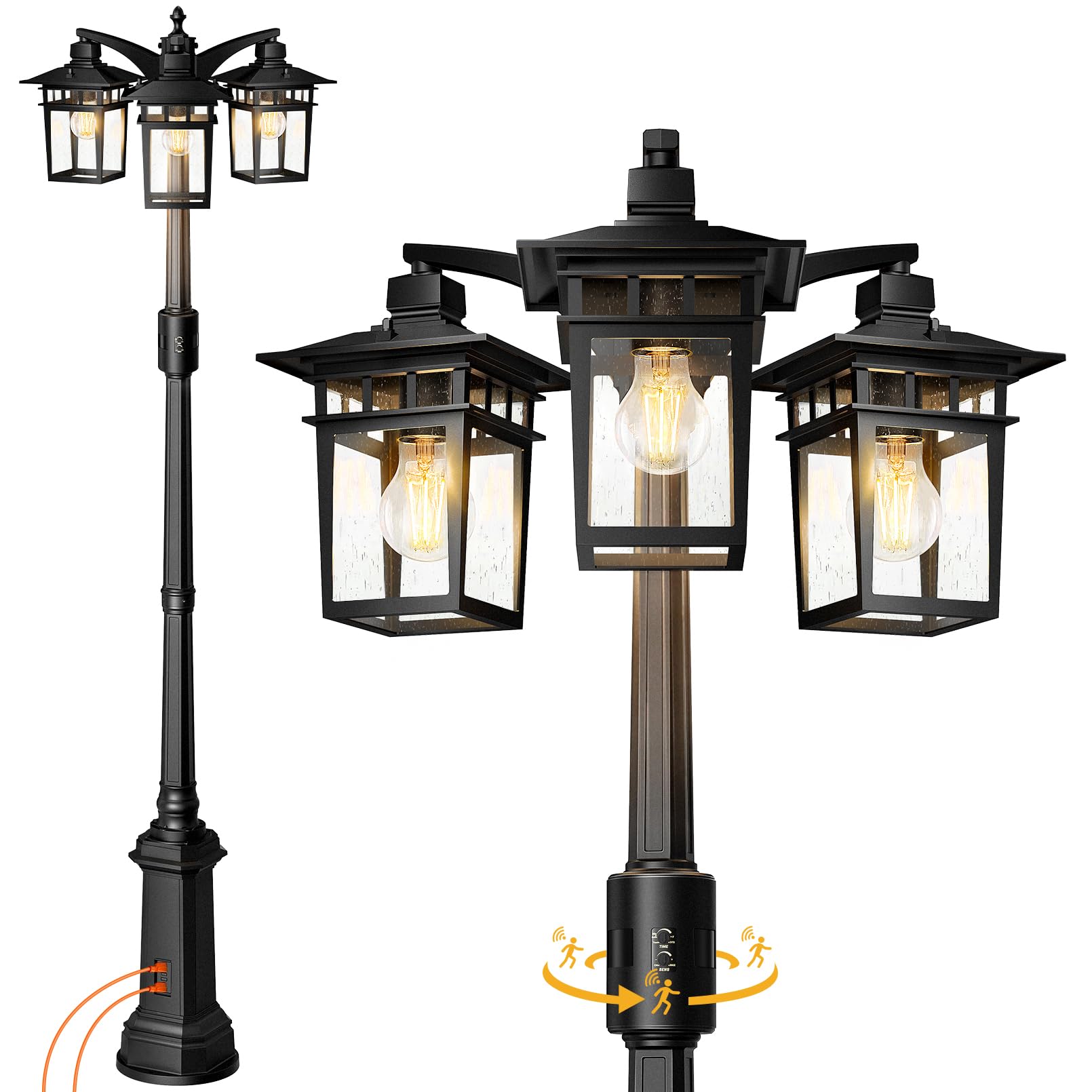 Motion Sensor Outdoor Lamp Post Light Fixture with GFCI Outlet,3-Head Dusk to Dawn Outdoor light post with bubble Glass,Aluminum