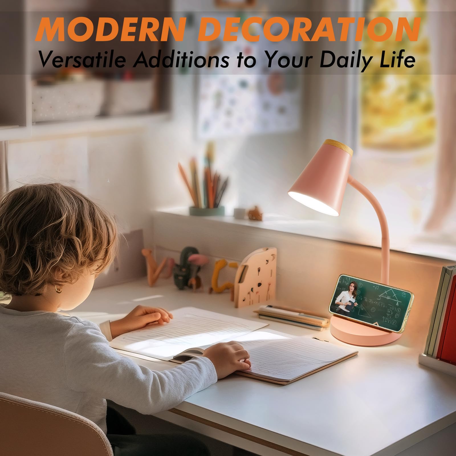 EJIAXIN LED Desk Lamp - Touch Dimmable, Adjustable Gooseneck, Pink, Model 0438
