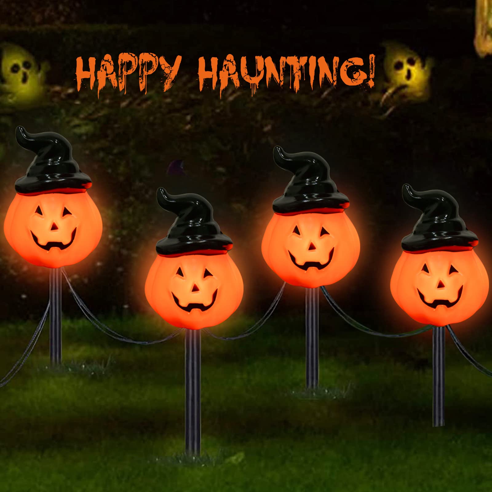 Halloween Pumpkin Pathway String Lights 4 Jack-O-Lantern Stakes Lights With C7 Bulbs  7Ft Extendable Wizard Hat Pumpkin Markers Lights For Outdoor Halloween Lawn Pathway Walkway Driveway Lighting