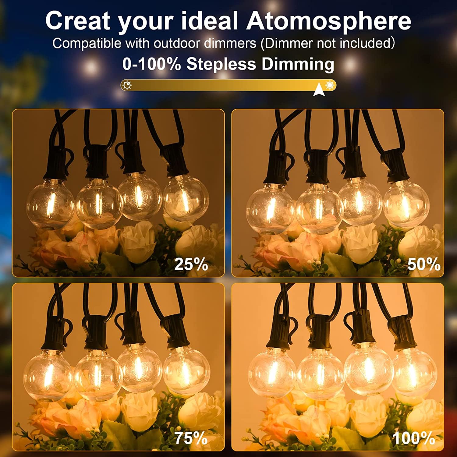 200Ft 2-Pack Outdoor String Lights,Dimmable G40 Led String Lights With 104 Shatterproof Clear Bulbs Ul Approval Waterproof Globe