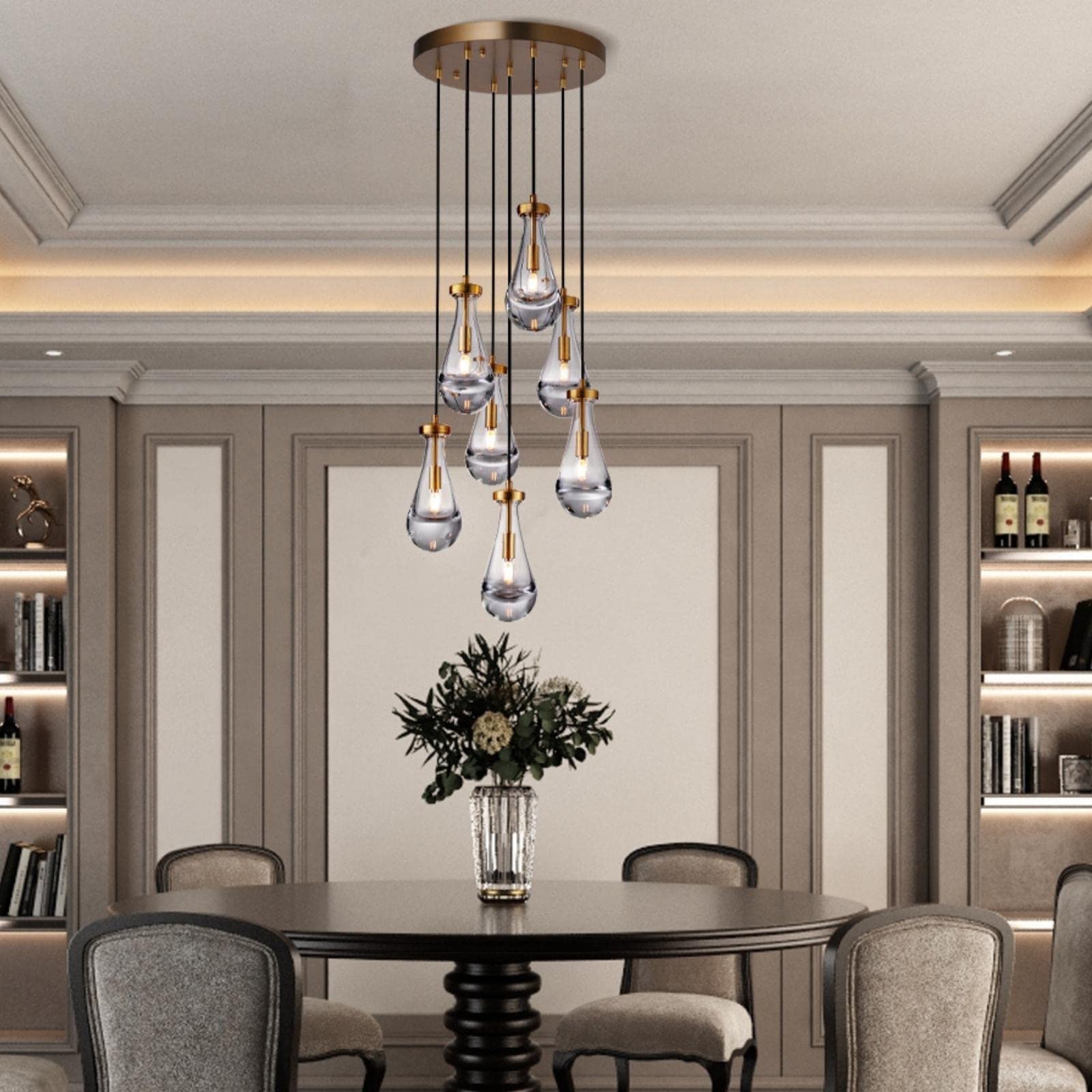 Joyunleo 7 Light Raindrop Chandeliers  Brass Teardrop Cluster Pendant Lights Kitchen Island  Gold Dining Room Chandeliers Over Table Hanging Pendant Lighting For High Ceiling  Entryway Staircase