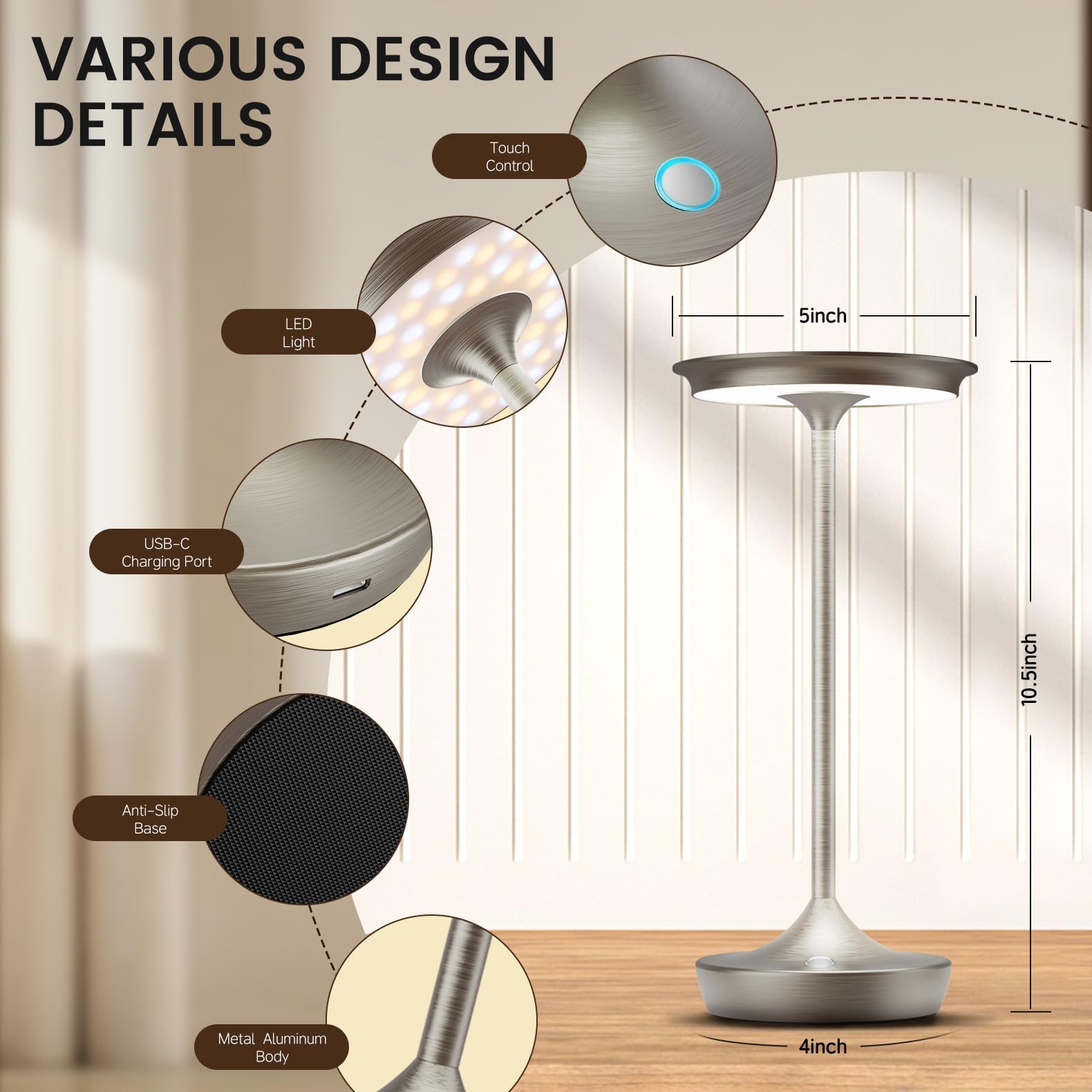 Tpczqj Cordless Table Lamp Rechargeable-Led Battery Operated Lamps, Portable 3 Color Touch Dimming Waterproof Light For Patio/Re