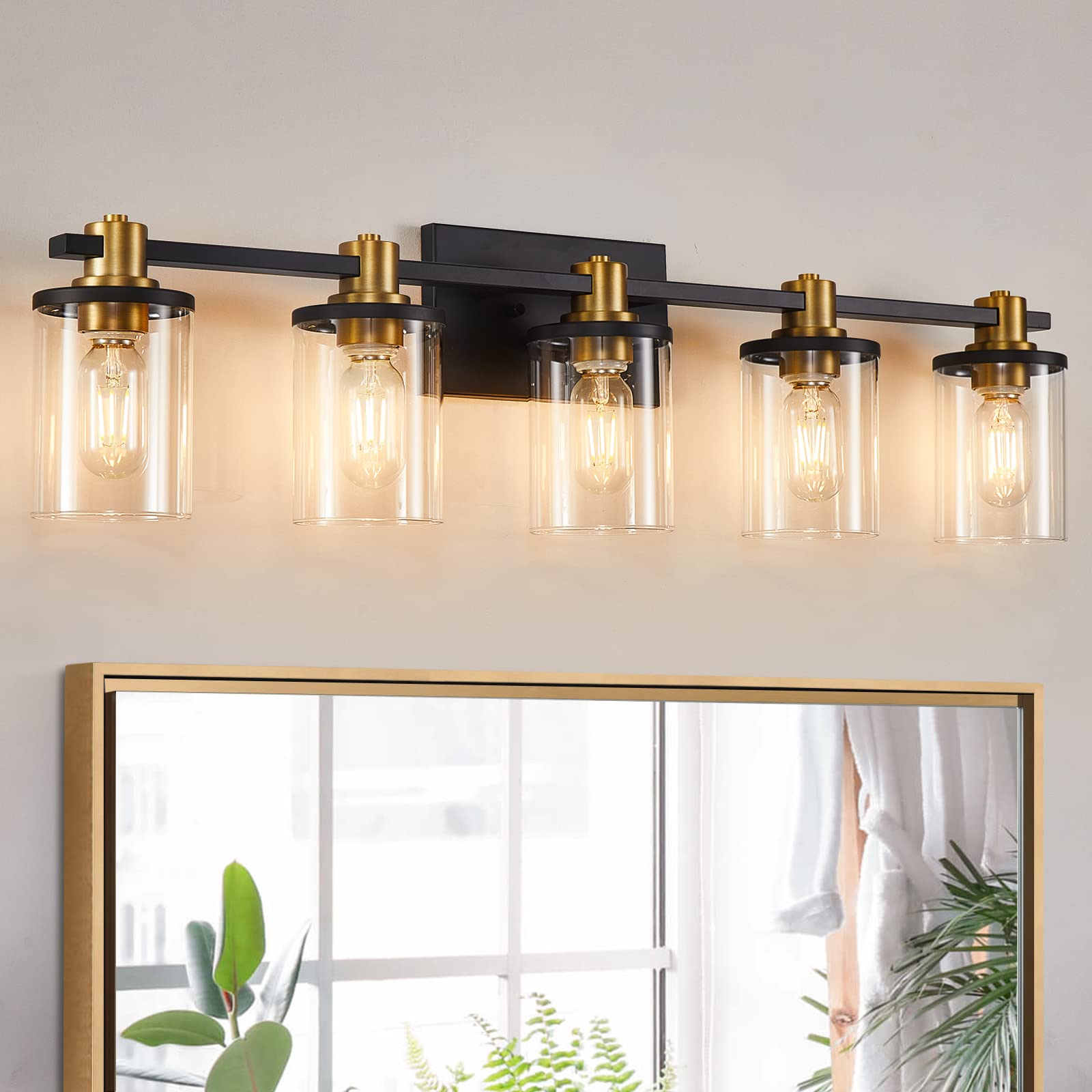 Dadul 5-Light Bathroom Light Fixtures, Gold And Black Bathroom Vanity Light With Clear Glass Shade, Gold Vanity Light Fixtures Over Mirror, Black Wall Sconce For Bathroom, Bedroom