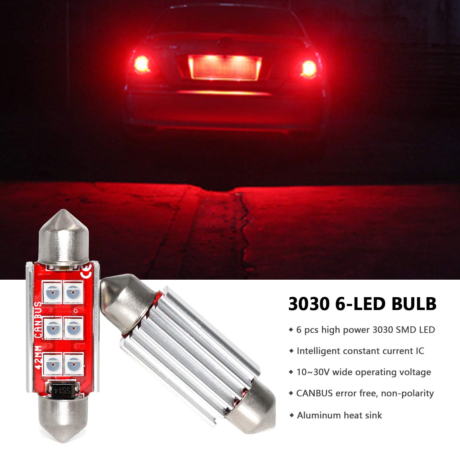 PHINLION LED Bulb 3030 6-SMD Festoon 41mm 42mm Red - 4 Pack, Aluminum for Car Interior Map Dome Trunk Courtesy Light