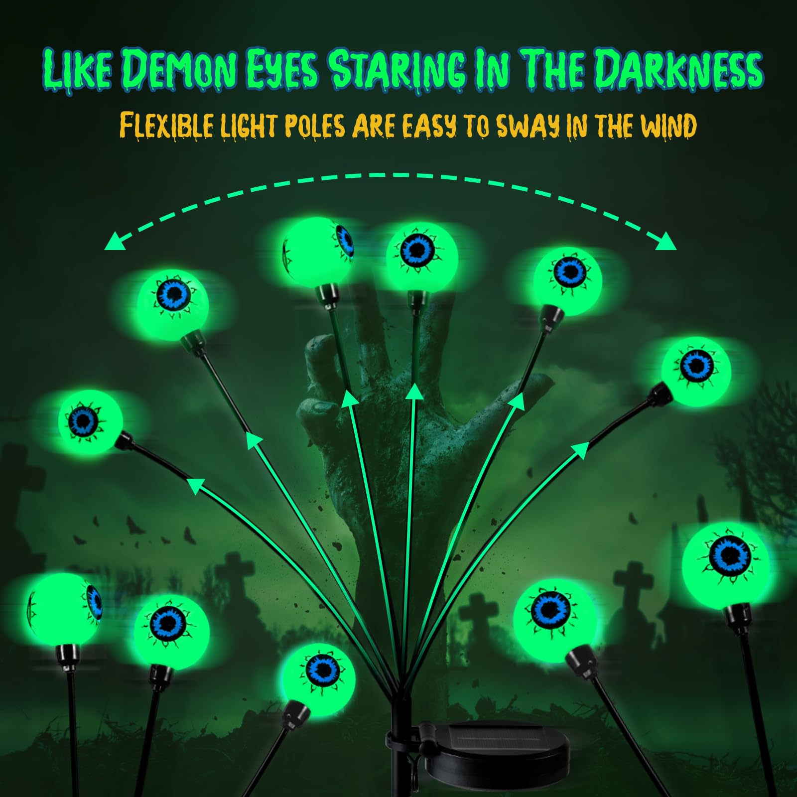 Lewondr Solar Garden Eyeball Lights, 6 Pack, Waterproof Firefly Lamps, Green, Model HD250147