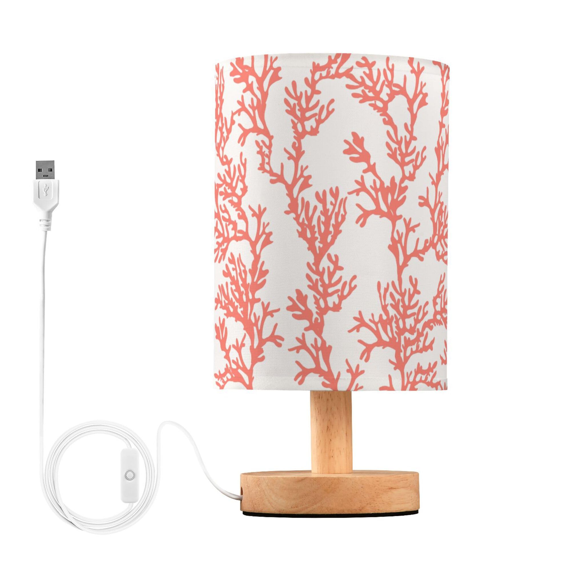 YYZZH Table Lamp Red Coral Pattern Tropical Ocean Plant Design Nightstand Lamp with Wood Base Fabric Lamp Shade Bedside Desk Lam