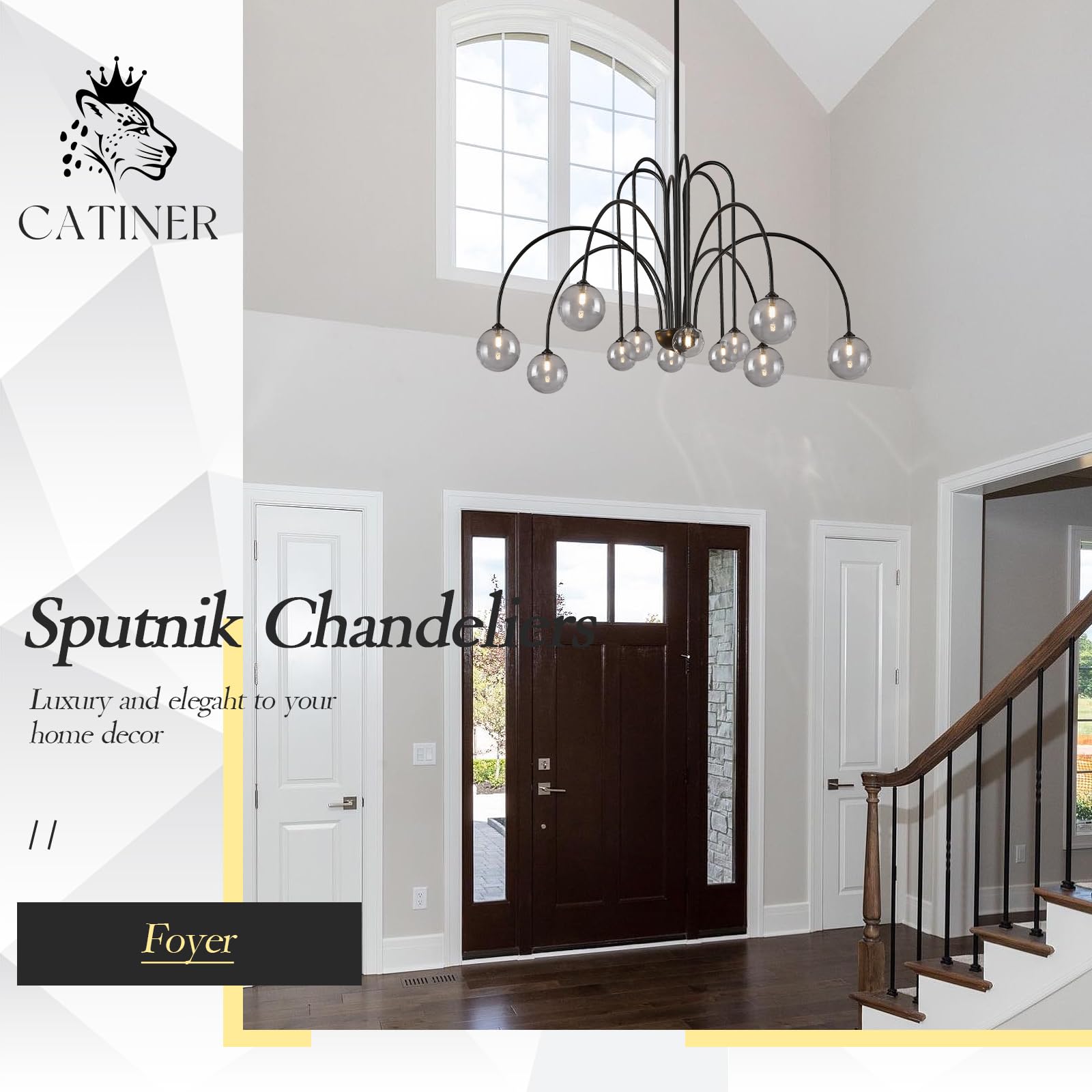 CATINER Modern Black Sputnik Chandelier, 12 Lights, Glass Globe Shades, L52”, for High Ceilings, Dining Room, Foyer, Model P93-12BB1