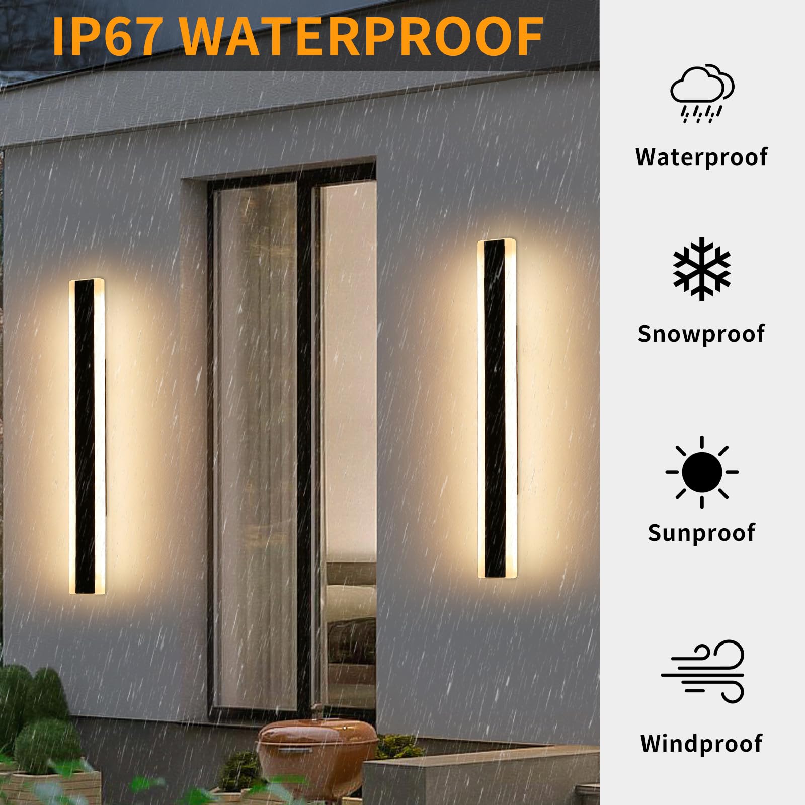 Mikeru 2-Pack Outdoor Wall Light Fixtures, 31.4" IP65 Waterproof Iron, Warm White, Model FTBD-2PACK