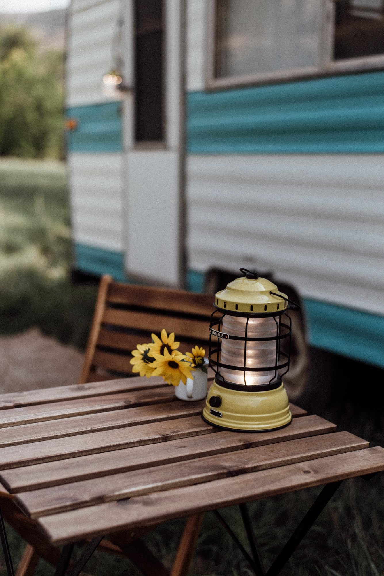 Barebones Forest Lantern - Vintage Rechargeable LED Light, Dusty Yellow, Adjustable Brightness, Model BARE160, Ideal for Camping & Emergencies