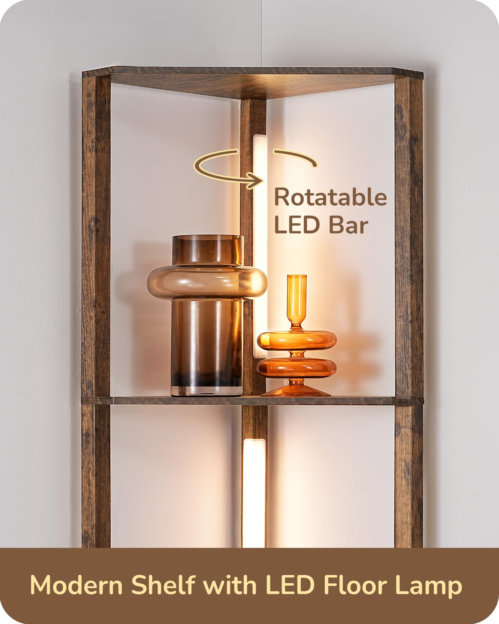 EDISHINE 64in Corner Shelf Floor Lamp, Modern LED Light, 3CCT Stepless Dimmable, Burlywood, Model HFLHA1A