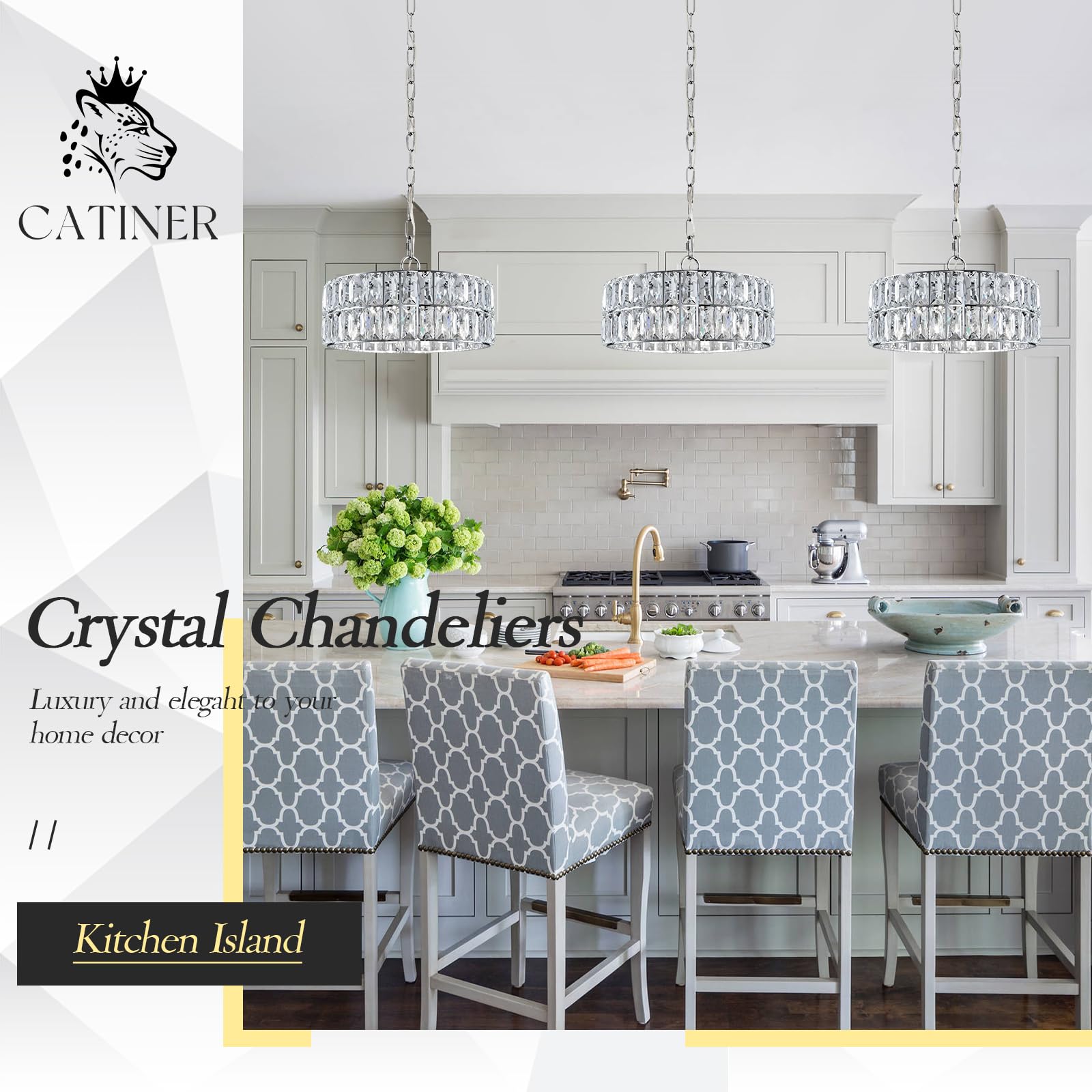 CATINER Chrome Crystal Chandelier, Modern Semi Flush Mount Light Fixture, 12" Round, Metal for Dining Room, Entryway, Kitchen, Hallway